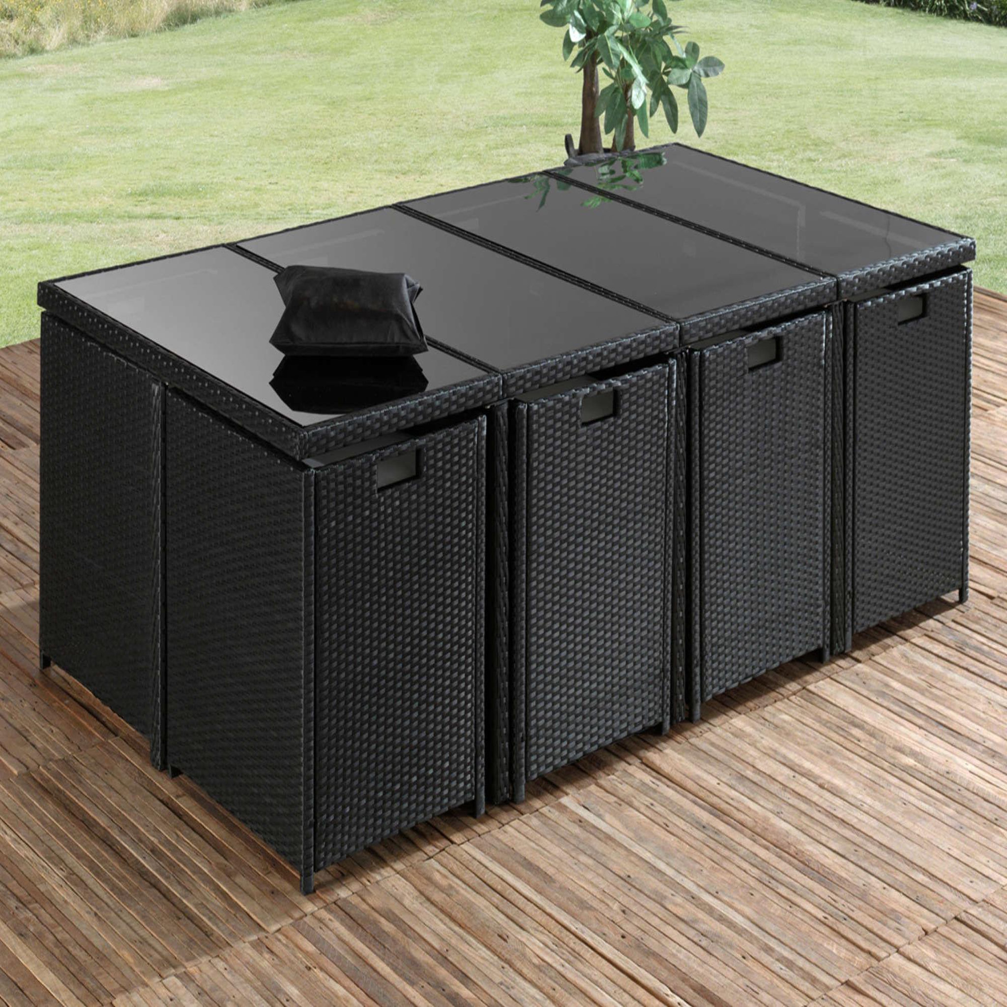 Voir la diapositive 3 : BEST MOBILIER Fira - salon de jardin encastrable 12 places - en résine tressée - noir avec coussins gris + housse de protection