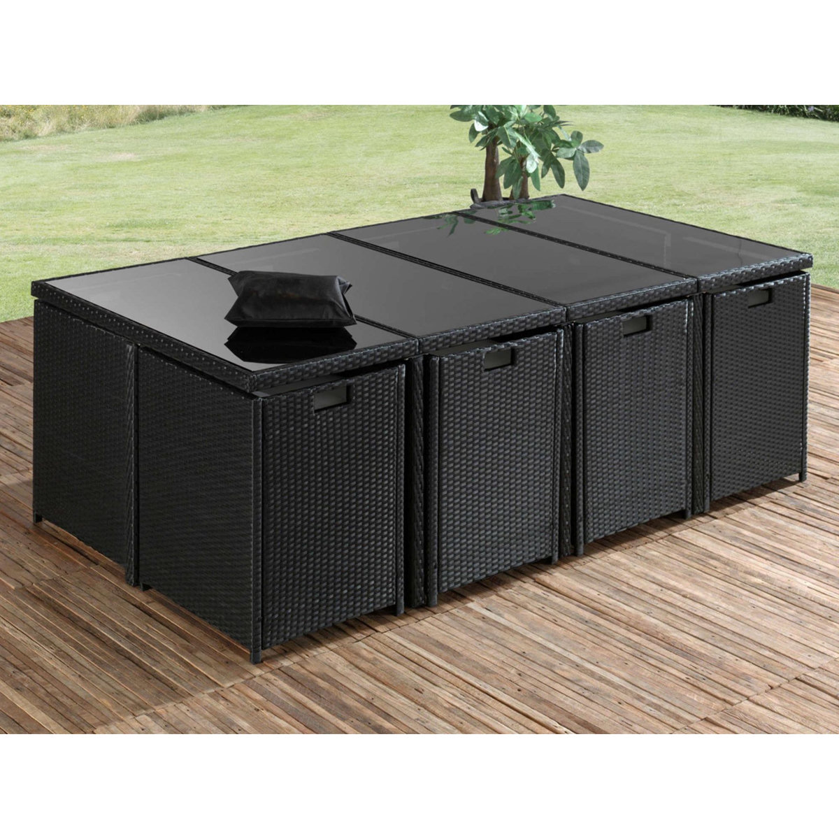 BEST MOBILIER Fira - salon de jardin encastrable 12 places - en résine tressée - noir avec coussins gris + housse de protection