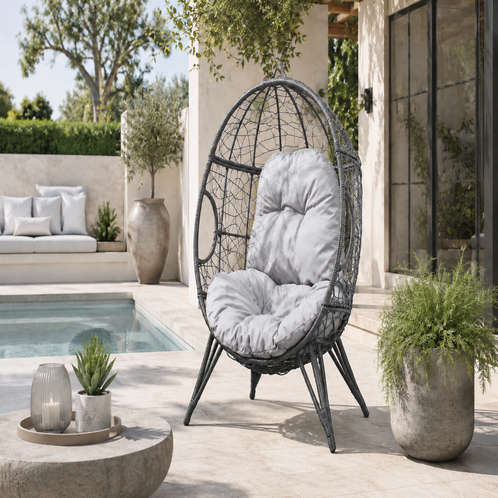 Voir la diapositive 2 : CONCEPT USINE Fauteuil œuf sur pied en résine gris effet rotin jane