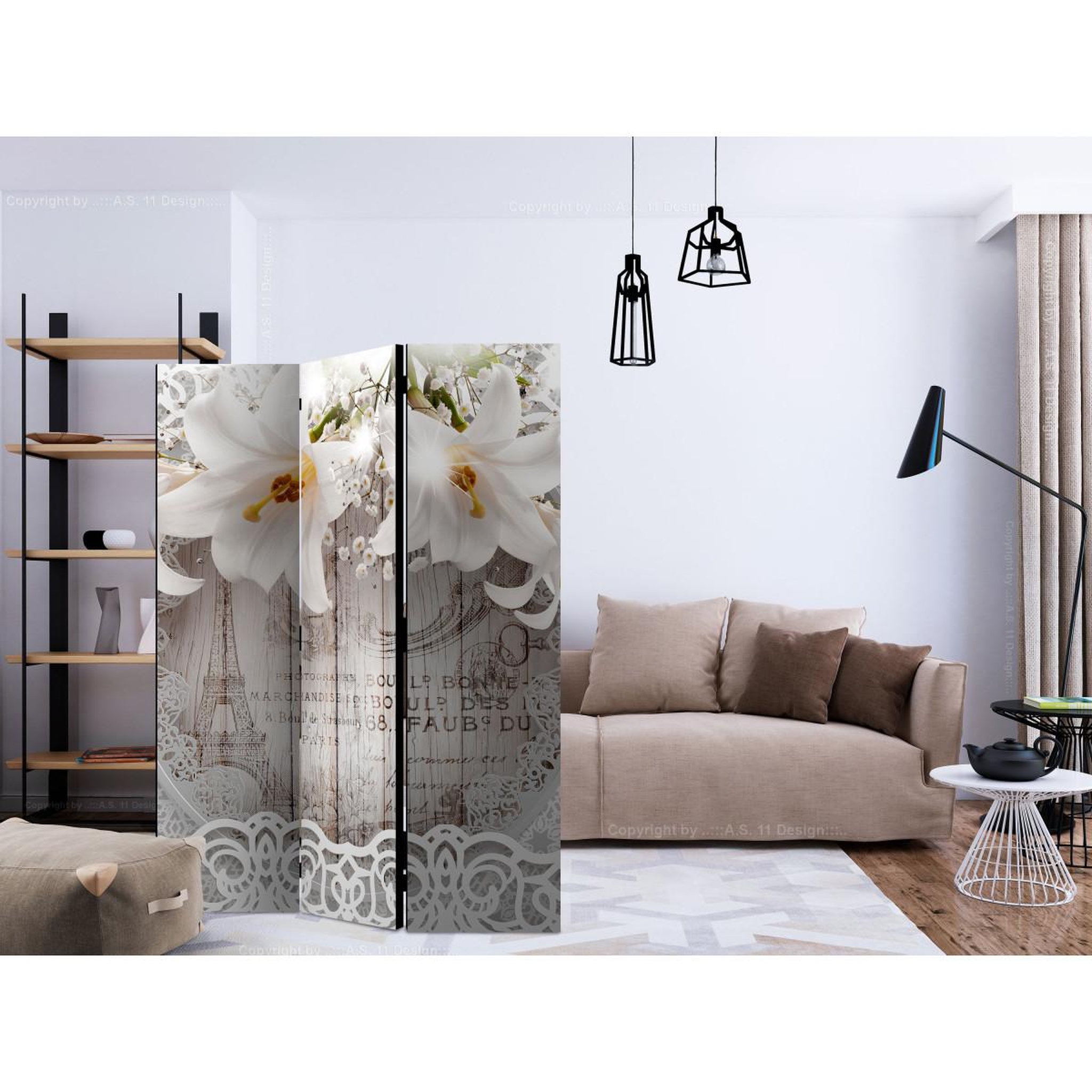 Voir la diapositive 2 : Paris Prix Paravent 3 volets  lilies & quilted background  135x172cm