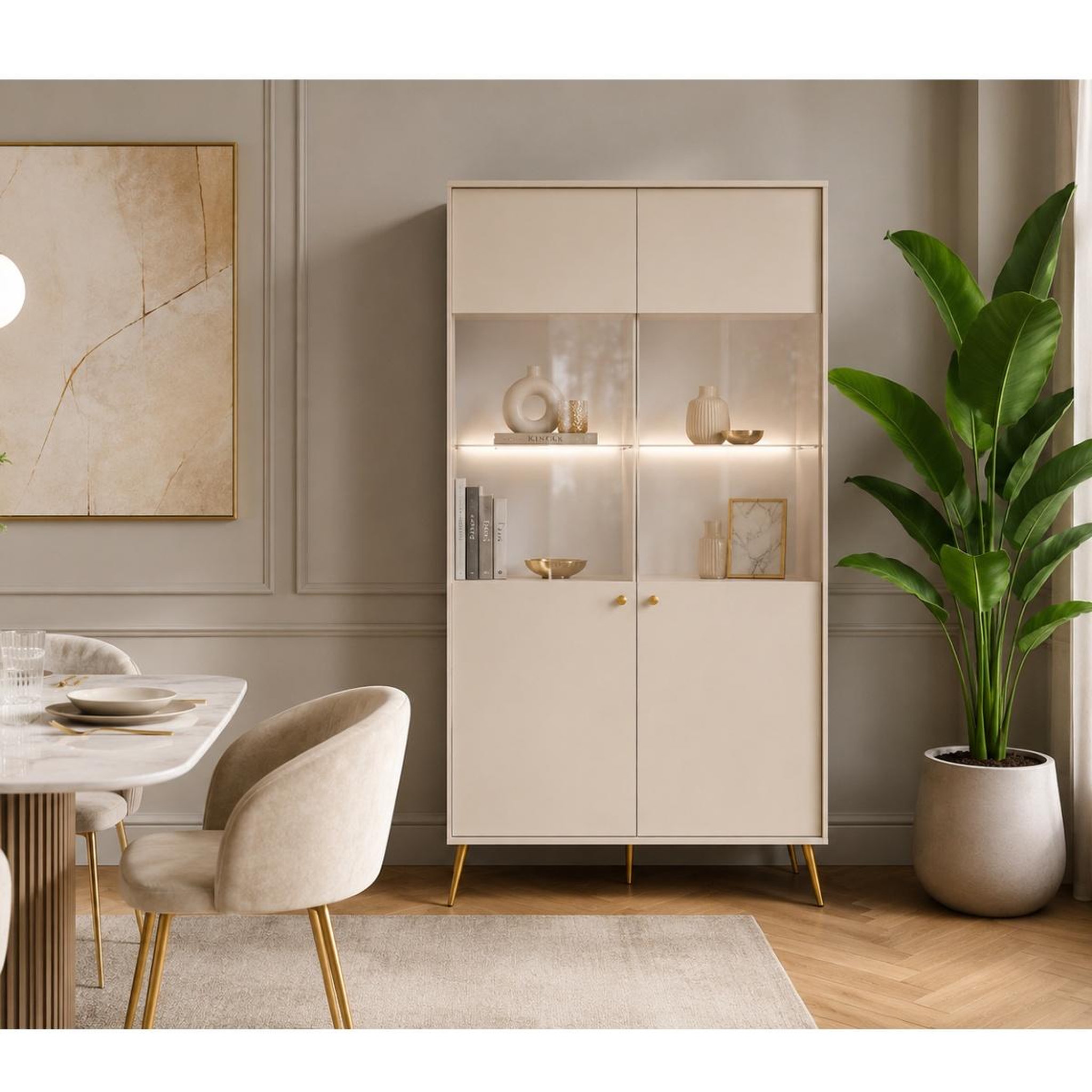 Voir la diapositive 2 : JLC KREATION Argentier vitré moderne beige cachemire et pied or ezia