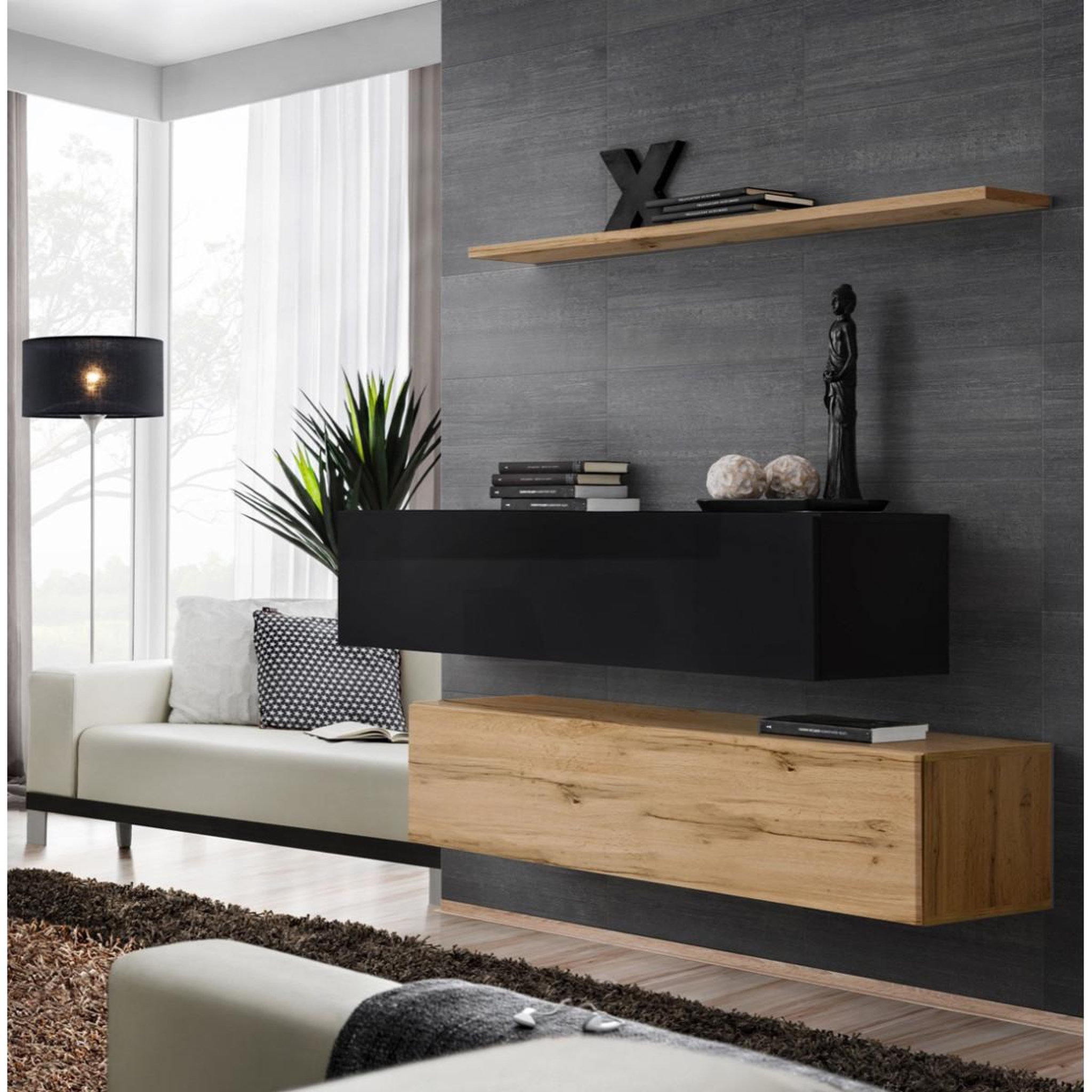Paris Prix Lot de 2 bancs muraux & étagère  switch sbii  130cm naturel & noir