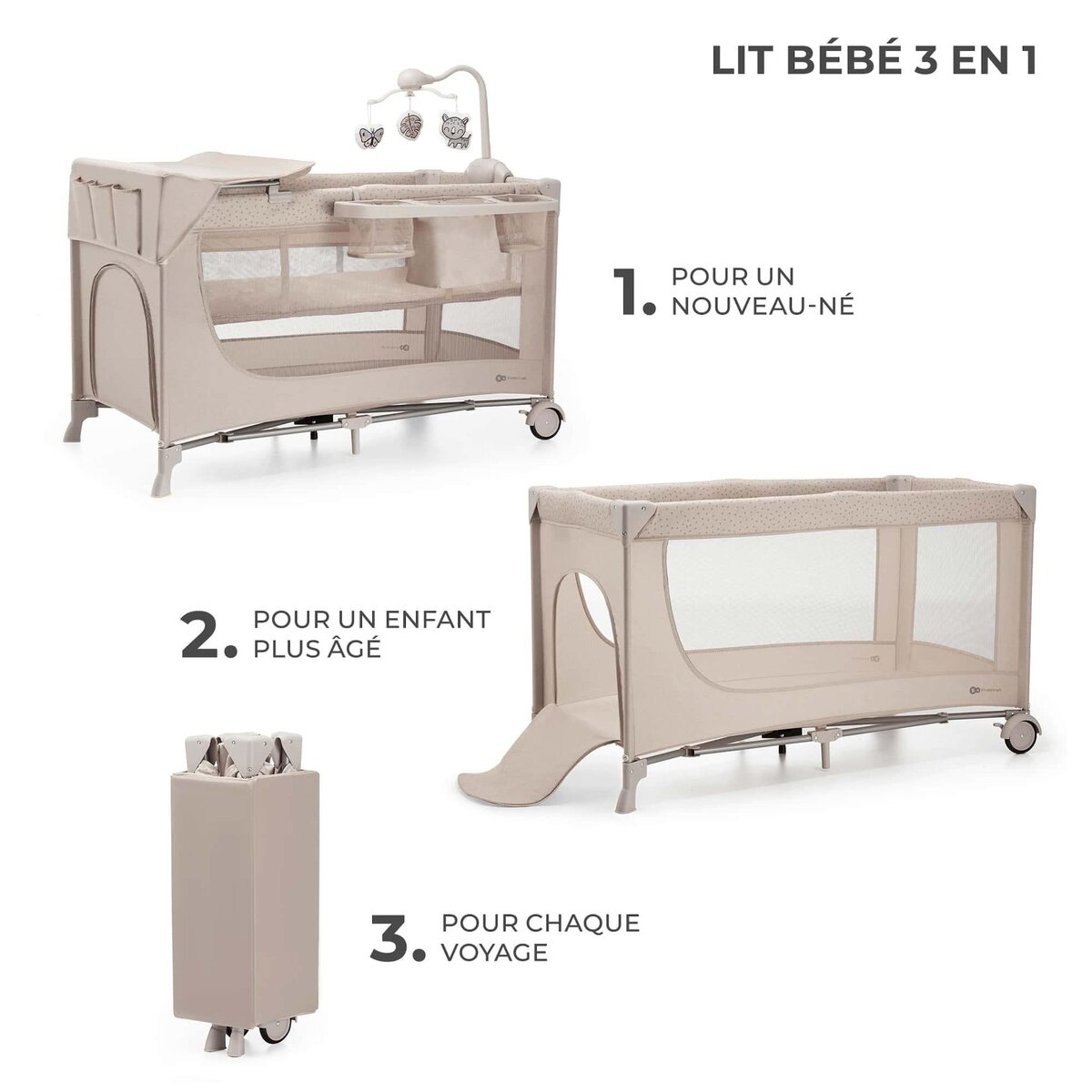 KINDERKRAFT Lit voyage parc bebe pliable avec accessoires pra