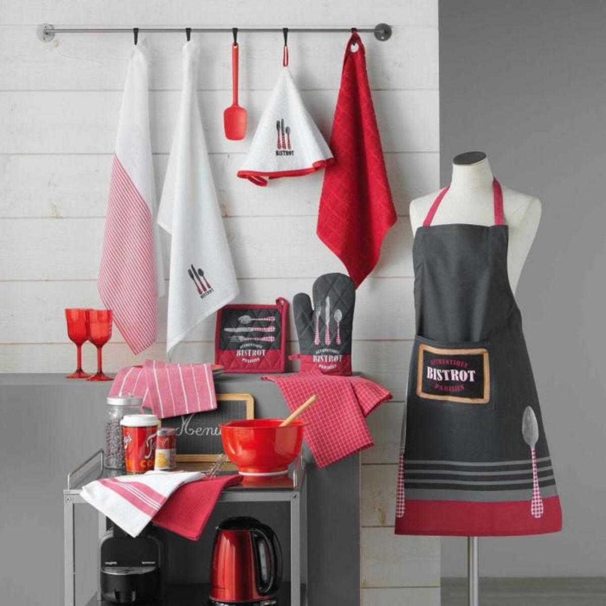 Paris Prix Gant & Manique en Coton  Au Bistrot  28cm Rouge