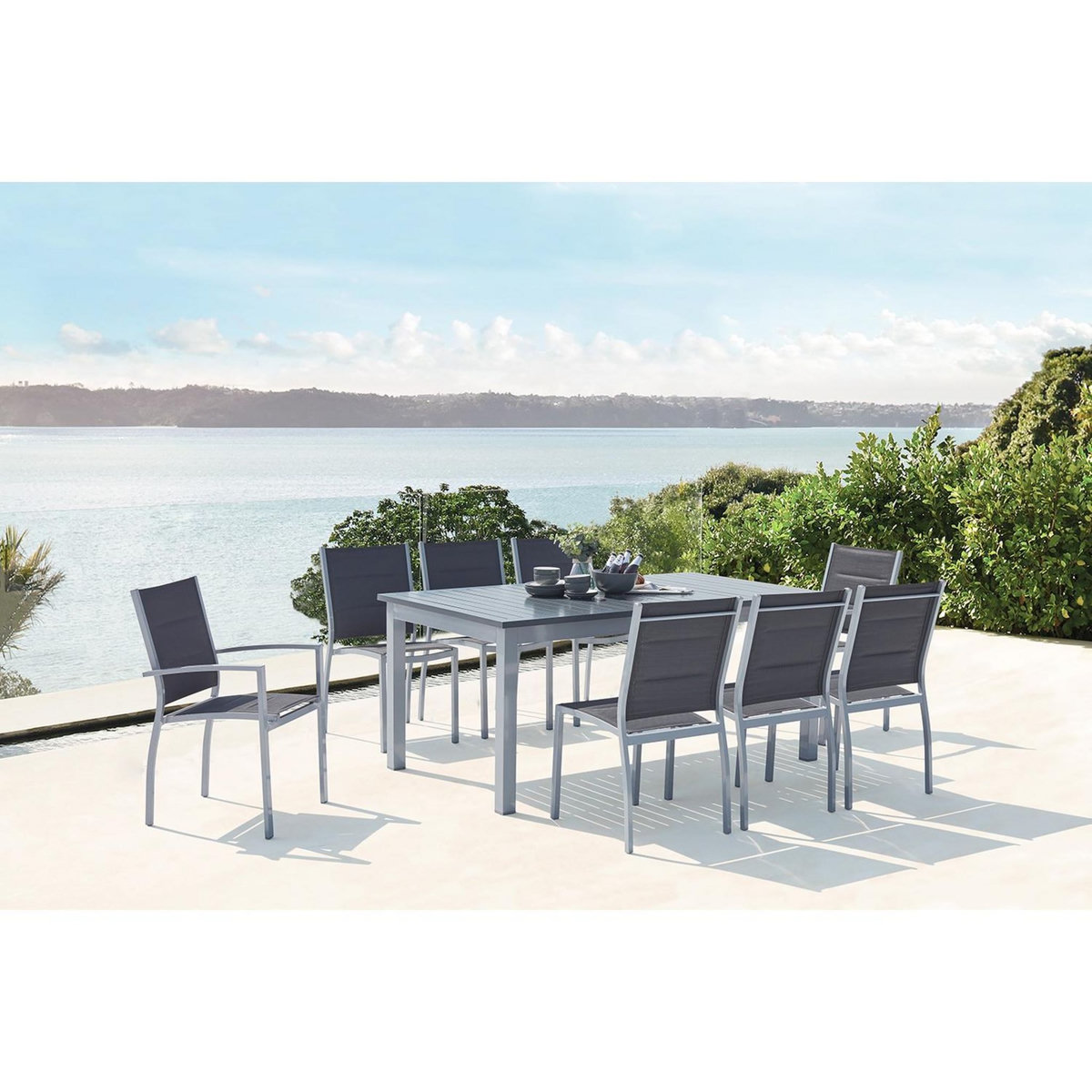 CONCEPT USINE Table de jardin extensible et 8 chaises alu-toile PVC gris AREZZO