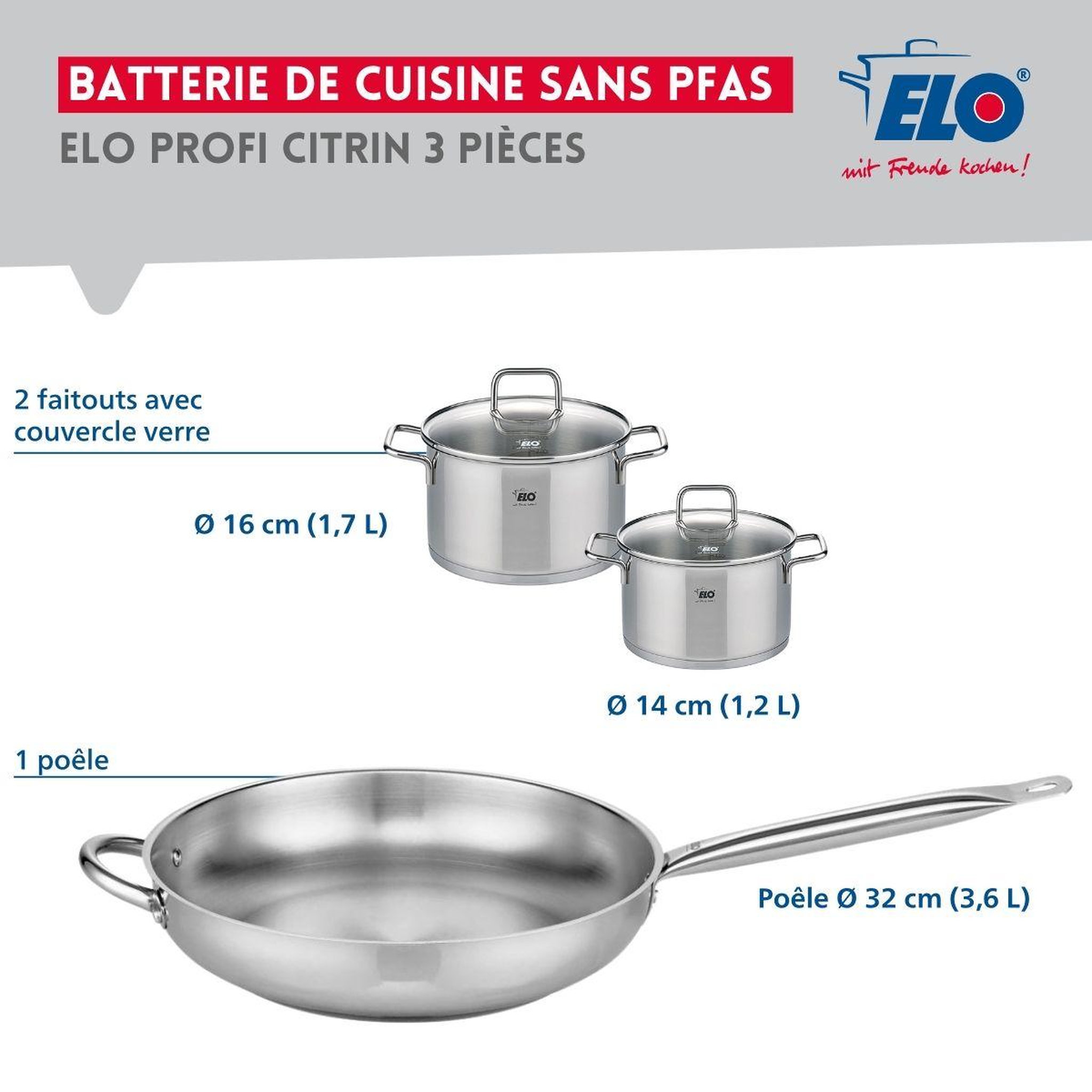 Voir la diapositive 2 : ELO Ensemble de 1 poêle de cuisson 32 cm et 2 faitouts 14 et 16 cm elo profi citrin