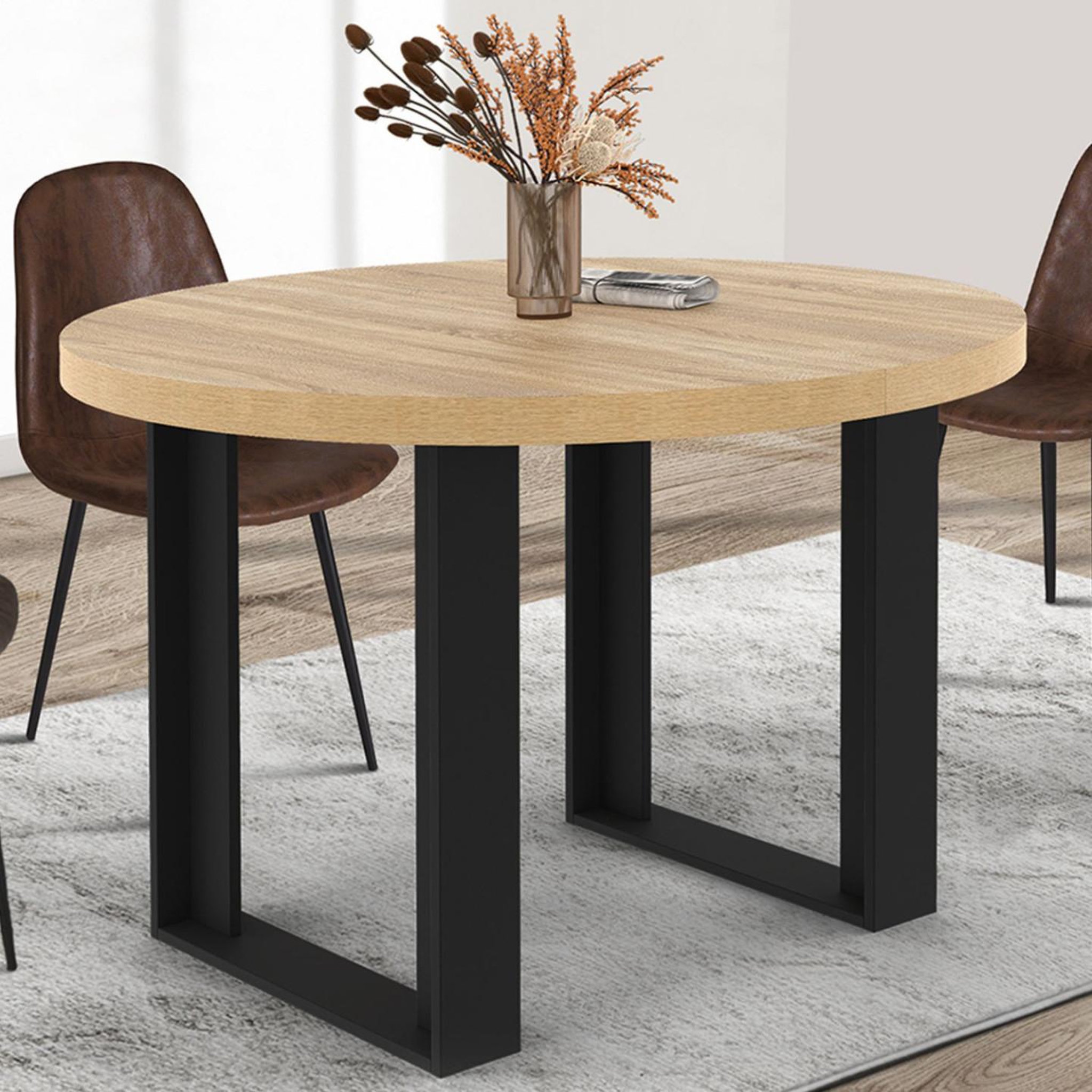 Voir la diapositive 2 : ID MARKET Table à manger fixe ronde phoenix 4 personnes bois et noir 110 cm