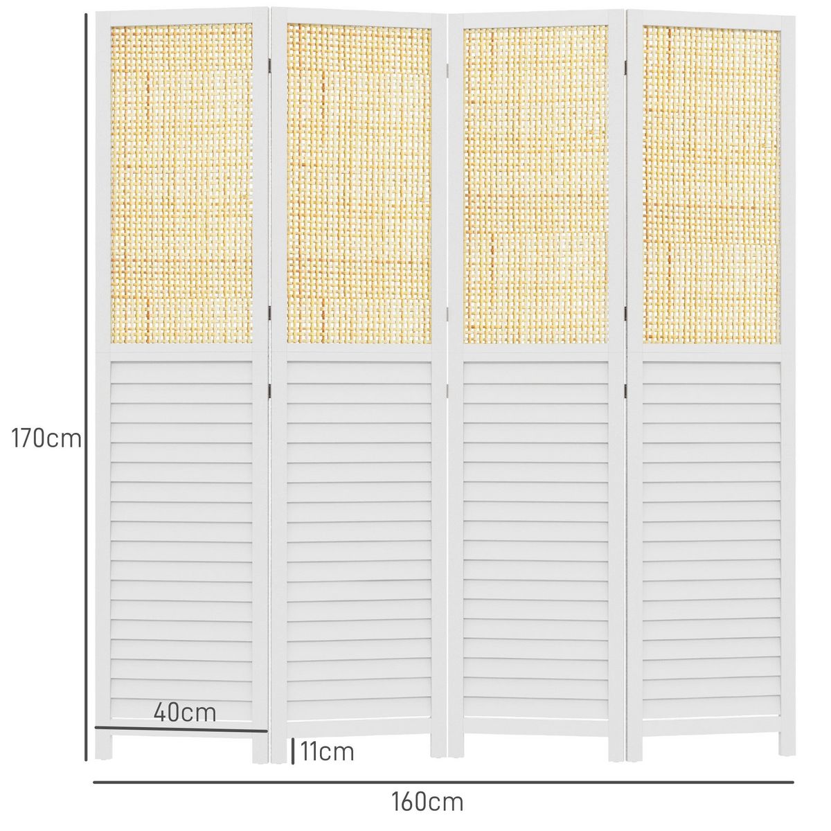 HOMCOM Paravent séparateur de pièce 4 panneaux pliables dim. 160L x 170H cm - bois blanc aspect rotin