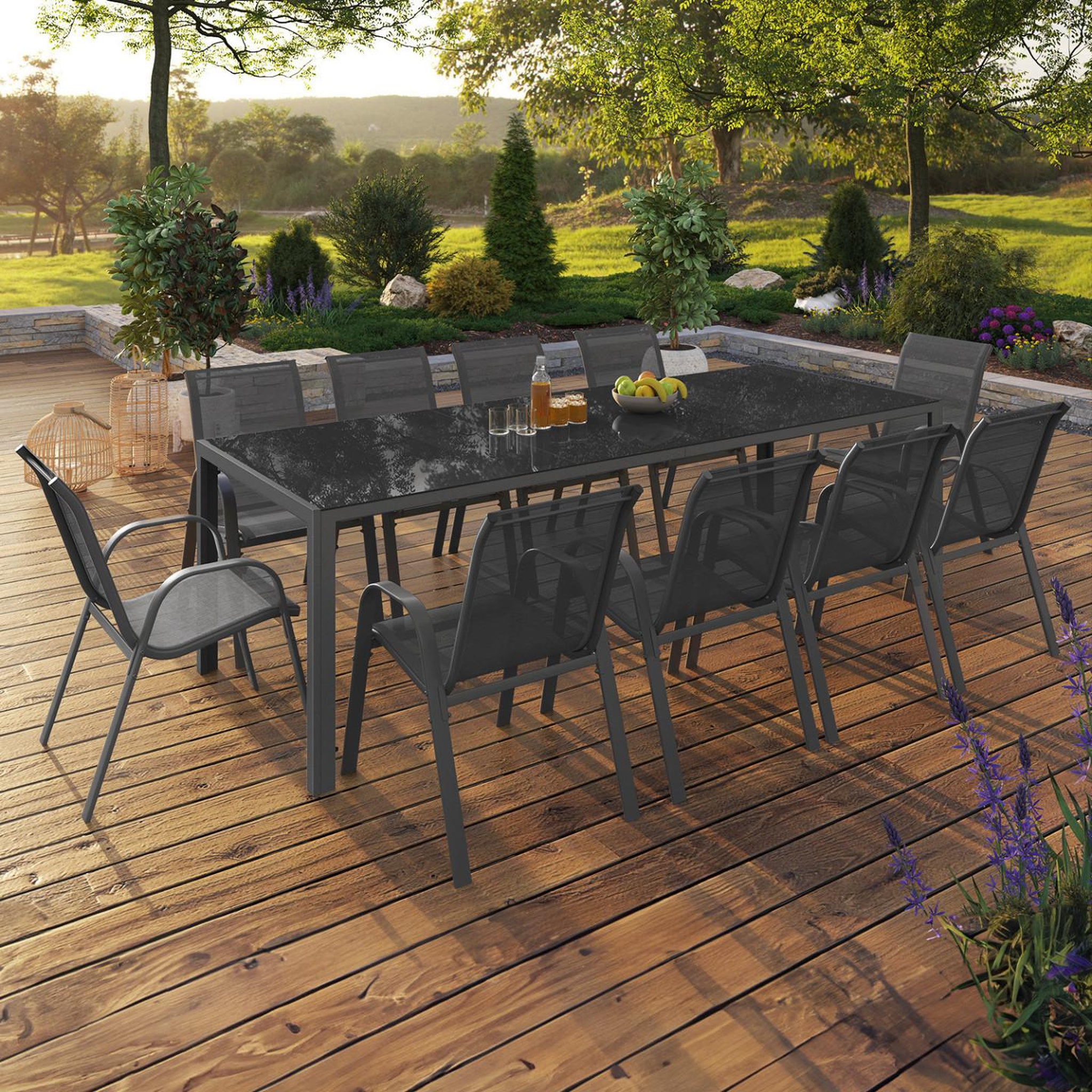 Voir la diapositive 2 : ID MARKET Salon de jardin madrid table 240 cm et 10 chaises empilables gris anthracite