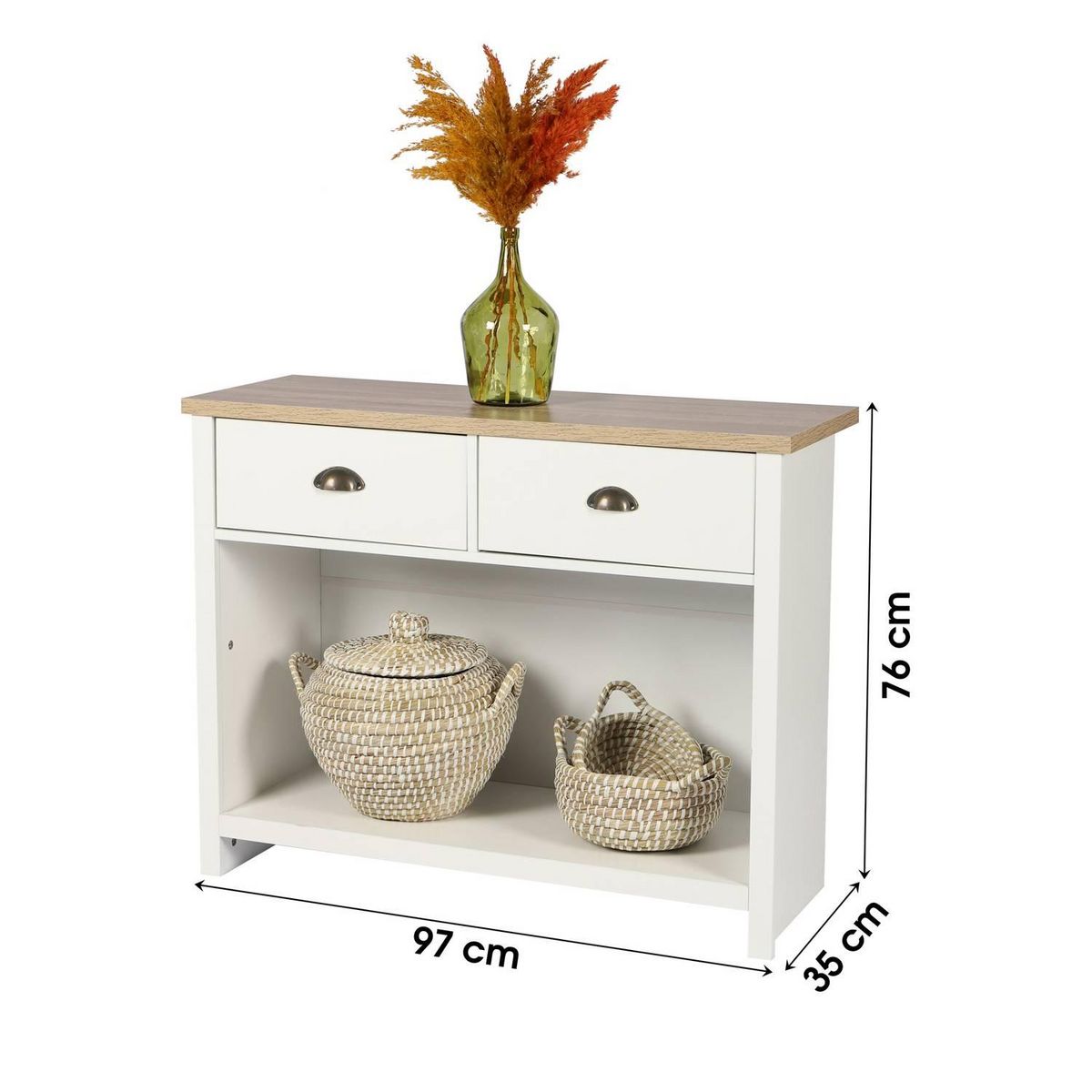 DIVERS Console 2 tiroirs et 1 niche de rangement en bois HANOI - Blanc
