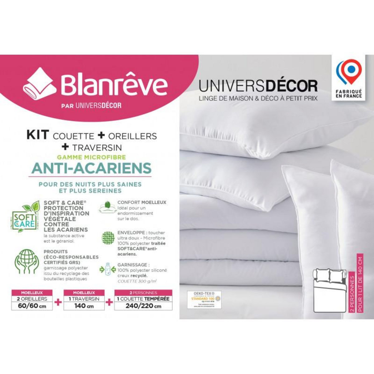 BLANREVE Pack Couette Blanrêve 240 x 220 cm + 2 Oreillers 60 x 60 + polochon 140 Gamme  Douceur  traité Anti Acarien