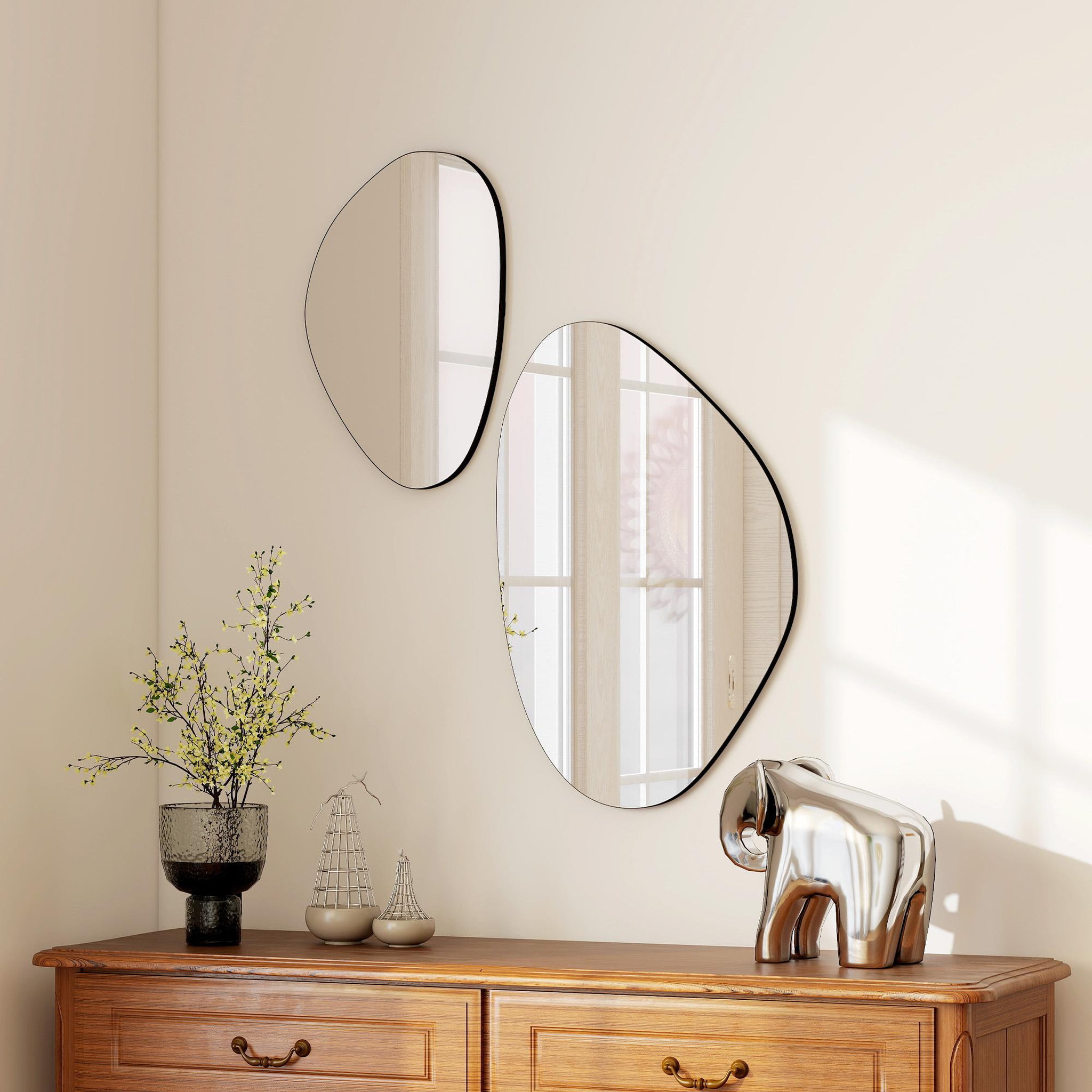 Voir la diapositive 2 : HOMCOM Lot de 2 miroirs organiques à suspendre L.46 x H.70 cm et L.31 x H.49 cm cadre métal noir
