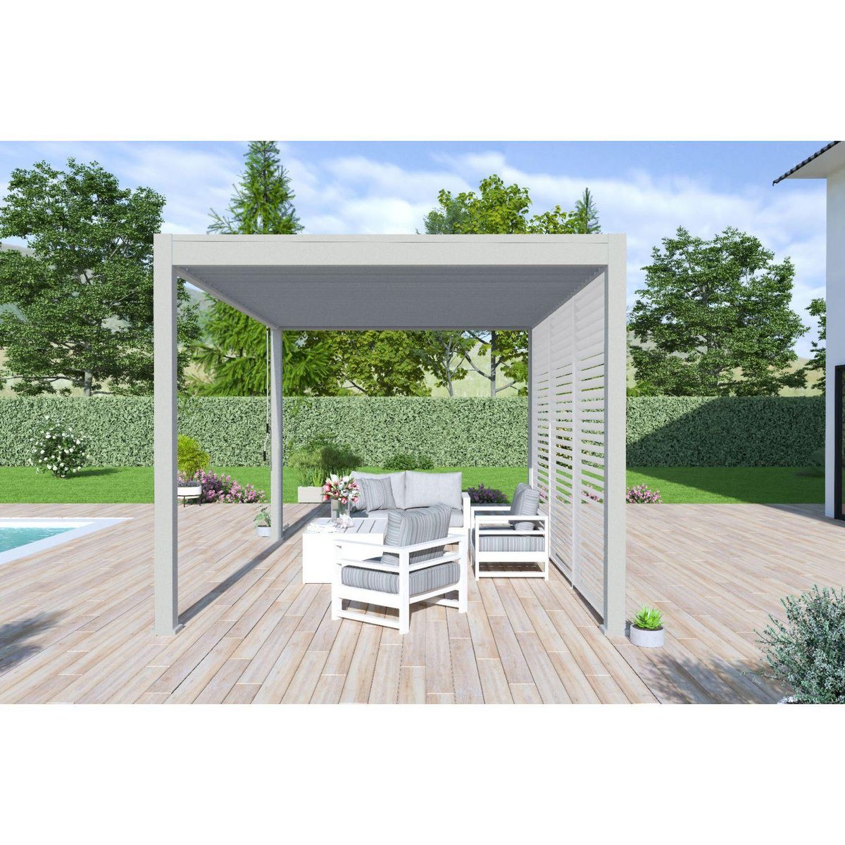 Pergola Bioclimatique autoportée - Aluminum Gris perle - 3x4m OMBREA®