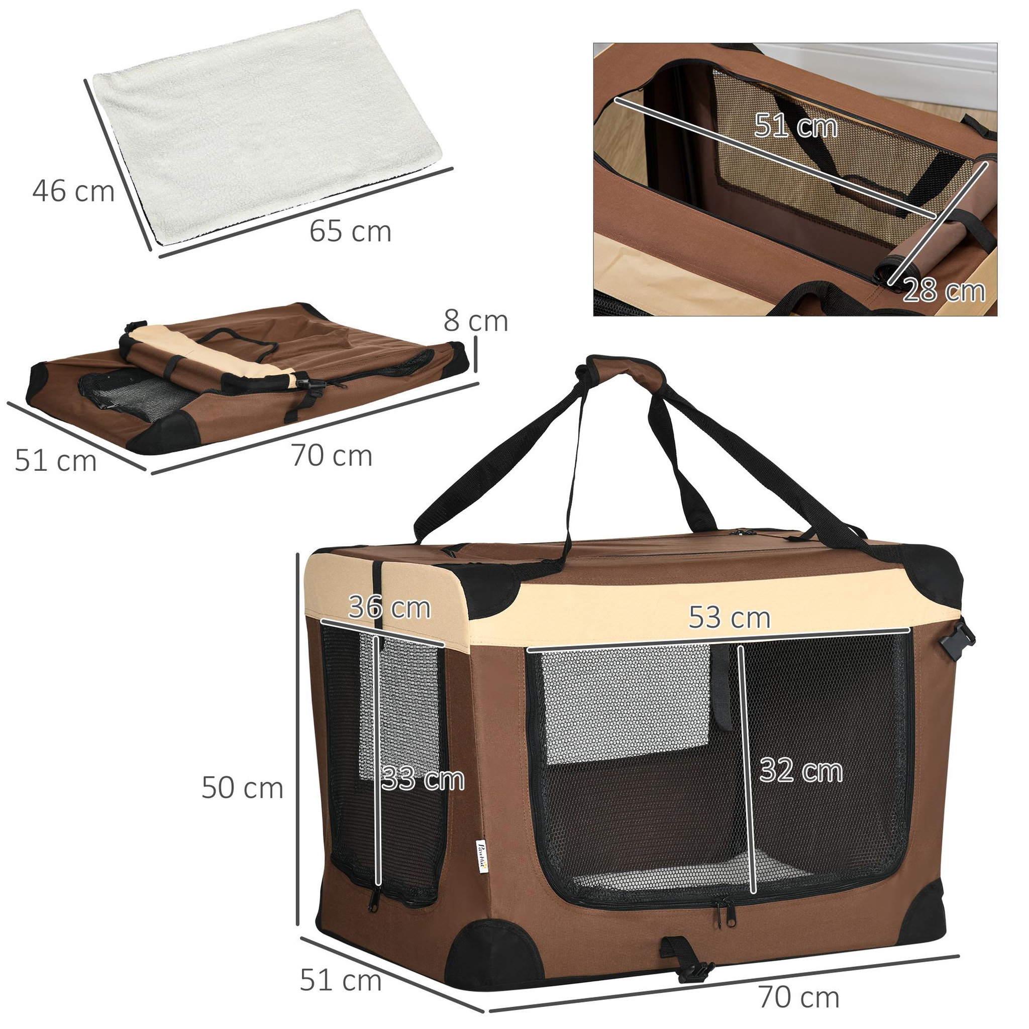 Voir la diapositive 3 : PAWHUT Sac de transport pour chien et chat pliable - poignée, 3 entrées zippées, poche - coussin amovible inclus - acier oxford polyester marron noir