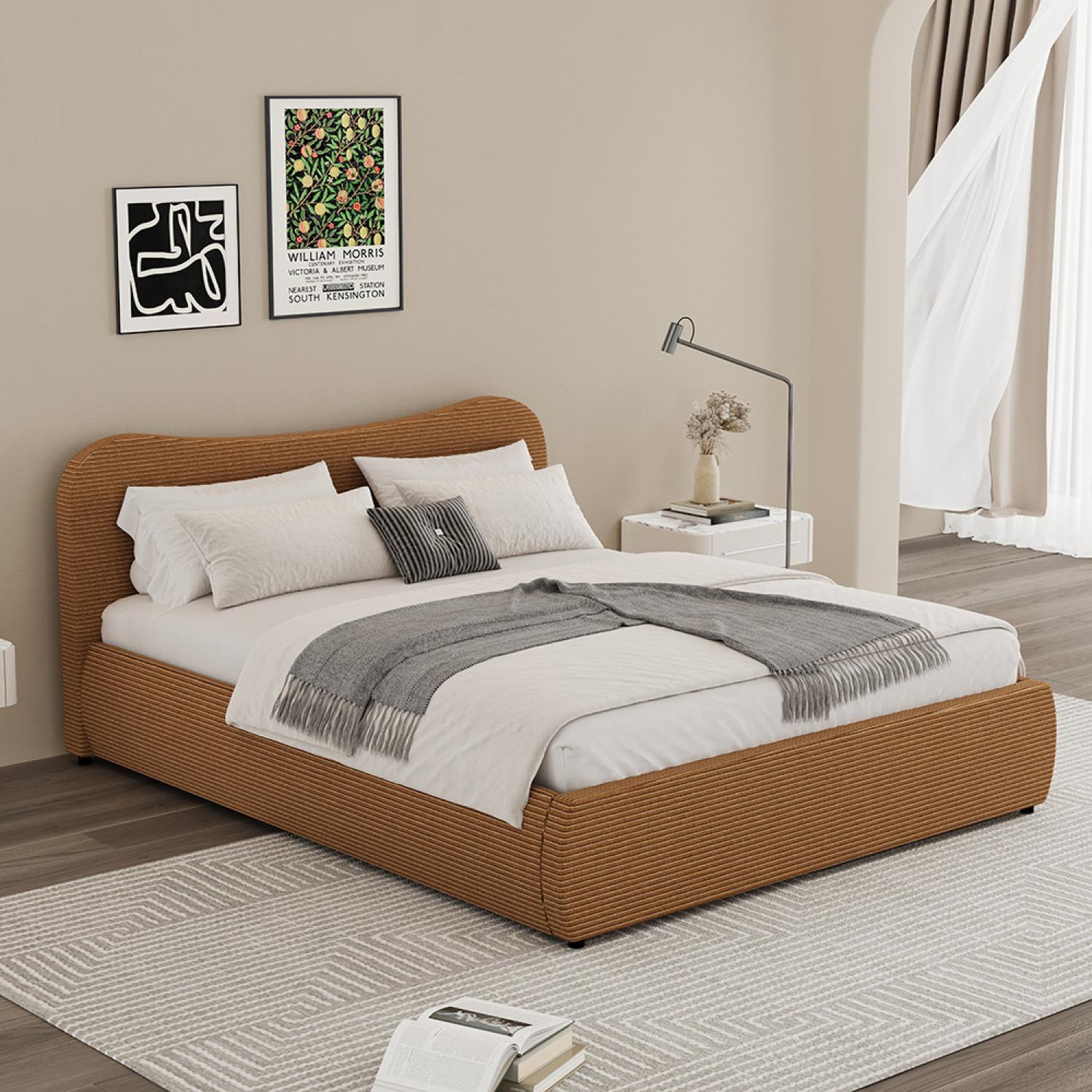 Voir la diapositive 2 : CONCEPT USINE Lit coffre 160x200cm design arrondi velours côtelé marron plano