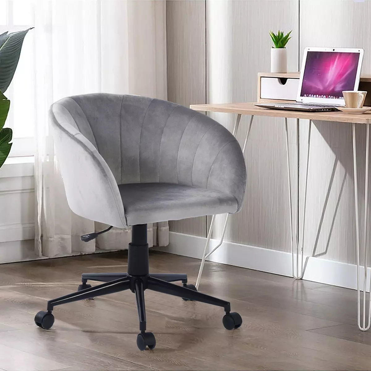  Chaise de bureau en velours gris, réglable en hauteur, pivotante, 64*69*116-126cm