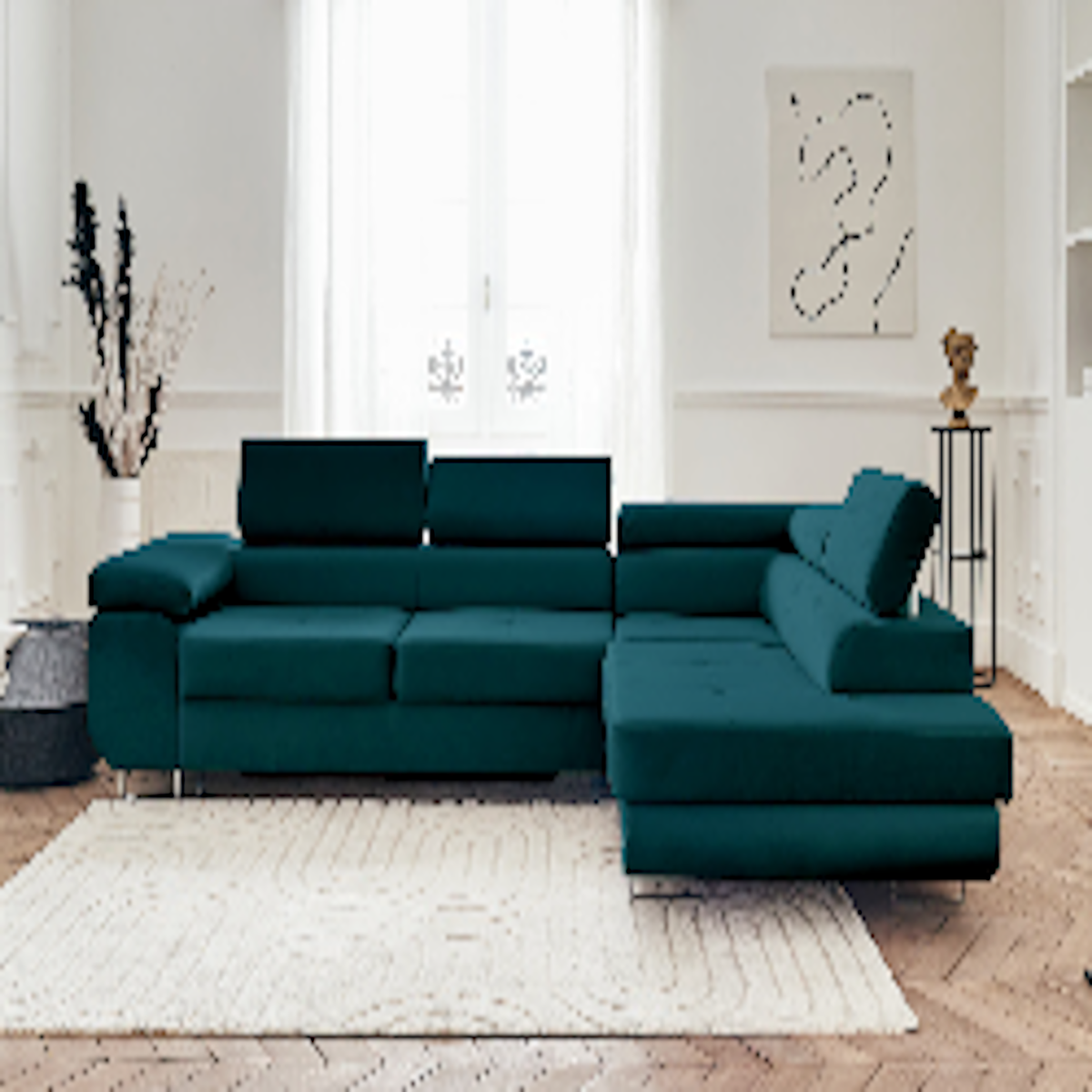 BEST MOBILIER Pablo - canapé d'angle droit - 5 places - convertible avec coffre et têtières réglables - en velours