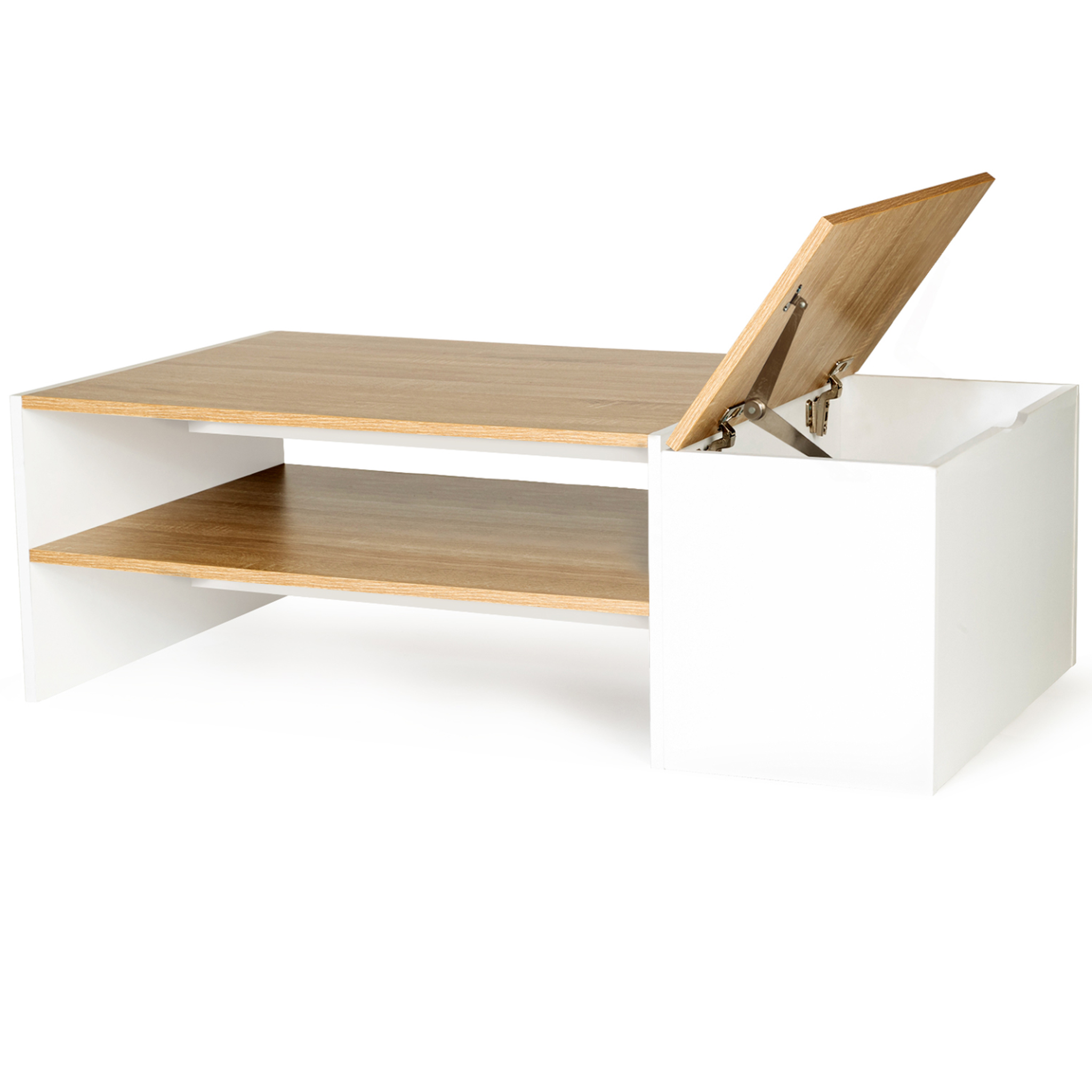 ID MARKET Table basse bar contemporaine rectangulaire izia avec coffre blanc et plateaux bois