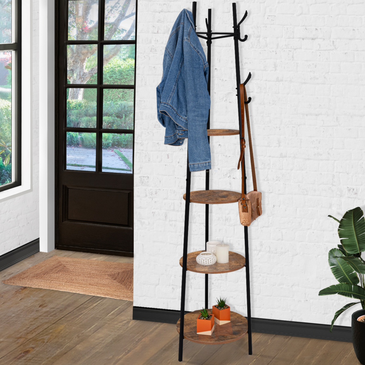 ID MARKET Porte-manteau trépied TONIO design industriel étagères rondes 6 crochets