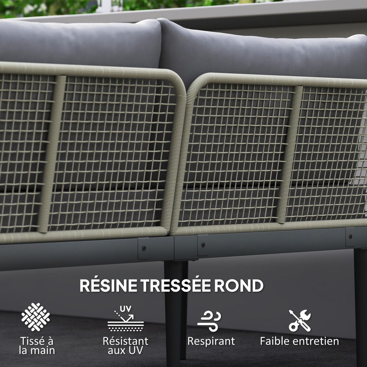 OUTSUNNY Salon de jardin design modulable 4 places 3 pièces acier coussins gris étagère plateau bois acacia