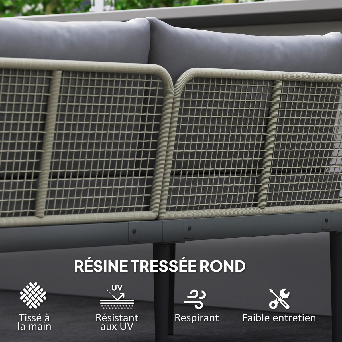 OUTSUNNY Salon de jardin design modulable 4 places 3 pièces acier coussins gris étagère plateau bois acacia