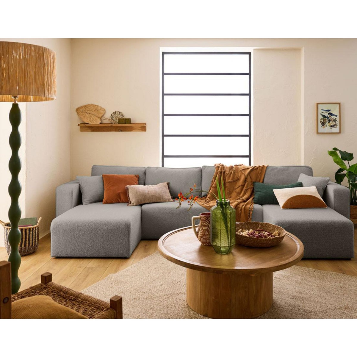 BEST MOBILIER Topaze - canapé panoramique en u - 7 places - convertible avec coffre - en tissu bouclette