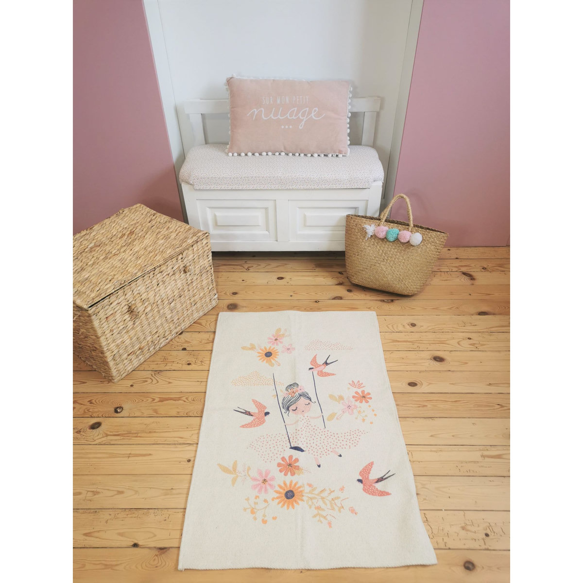 Tapis déco en coton imprimé little bird HIRONDELLE 