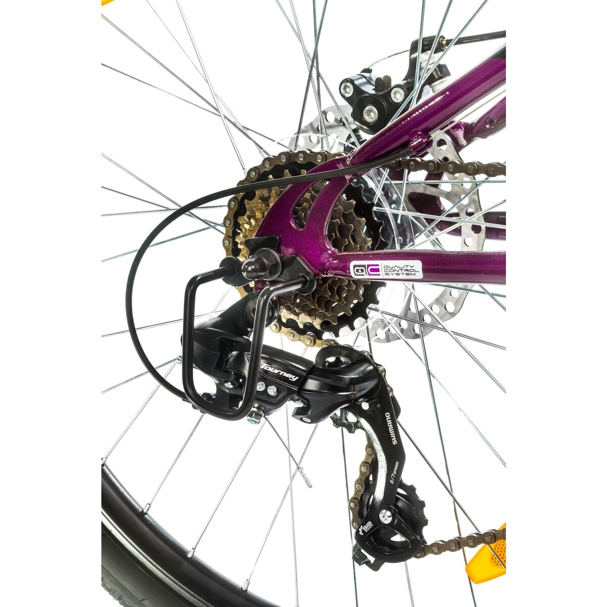 Vélo VTT 26'' Tout Suspendu Femme   Amazone / Neon   - Cadre acier - Double Freins à Disque - Potence Head set - Dérailleur arrière  Shimano Tourney TY300 - Poignées à Gâchettes Shimano ST-EF500