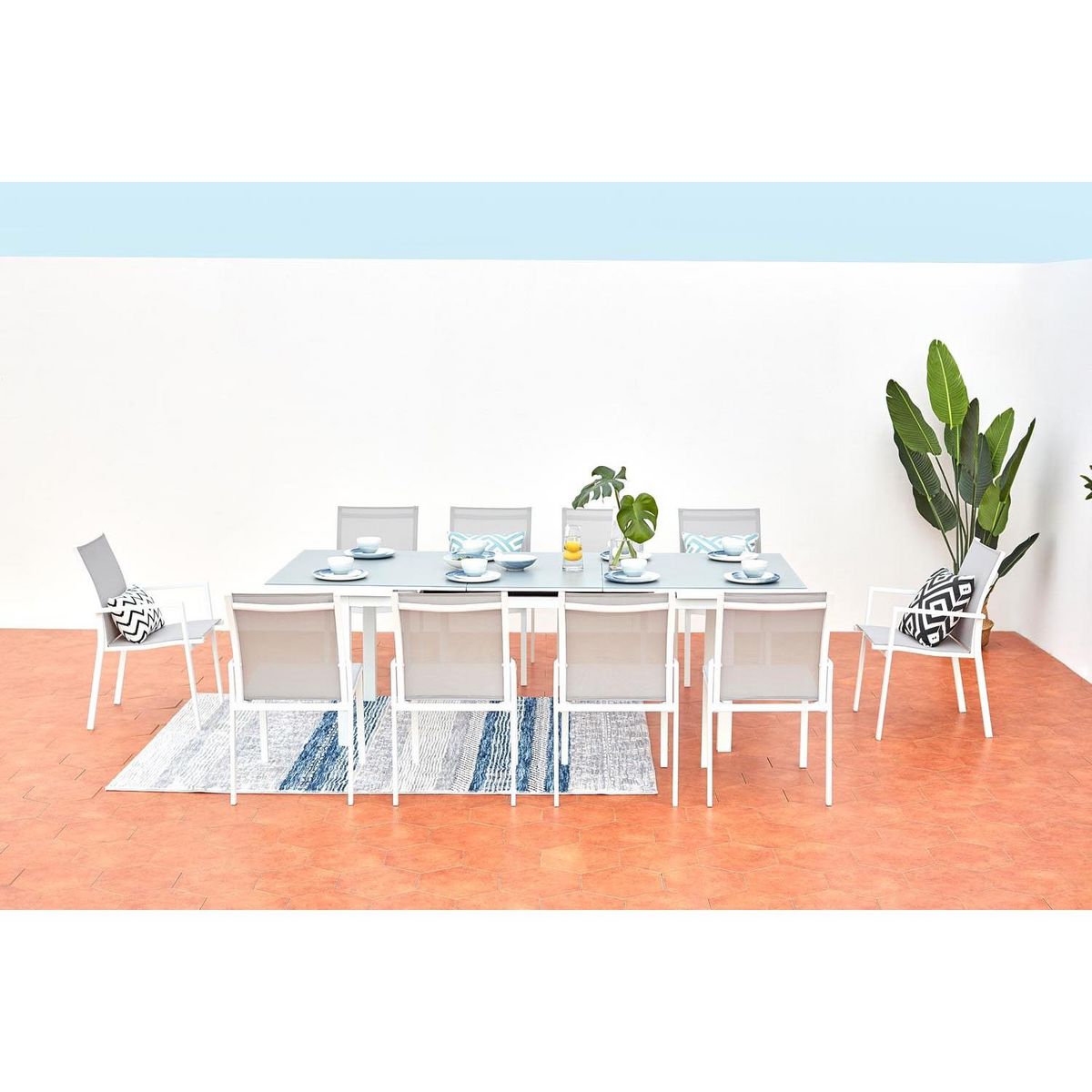 CONCEPT USINE Table de jardin 8 chaises et 2 fauteuils en alu gris-blanc ELADA