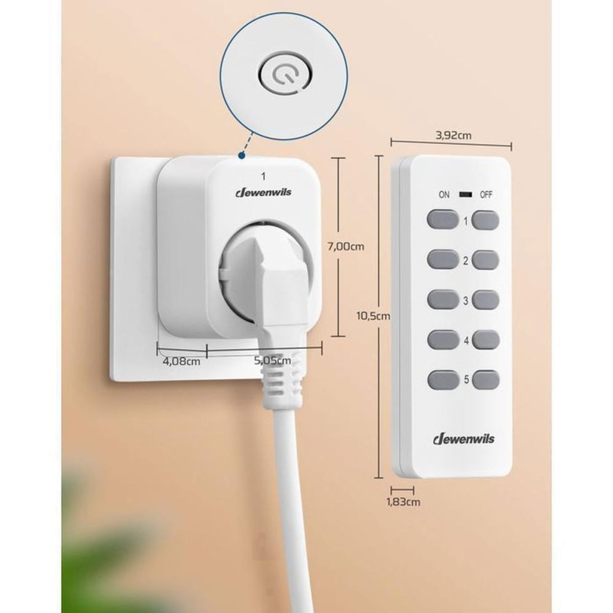 Voir la diapositive 4 : Kit prises connectées RF : 5 sorties type E/F + 2 télécommandes, 2300 W, portée 30 m, blanc