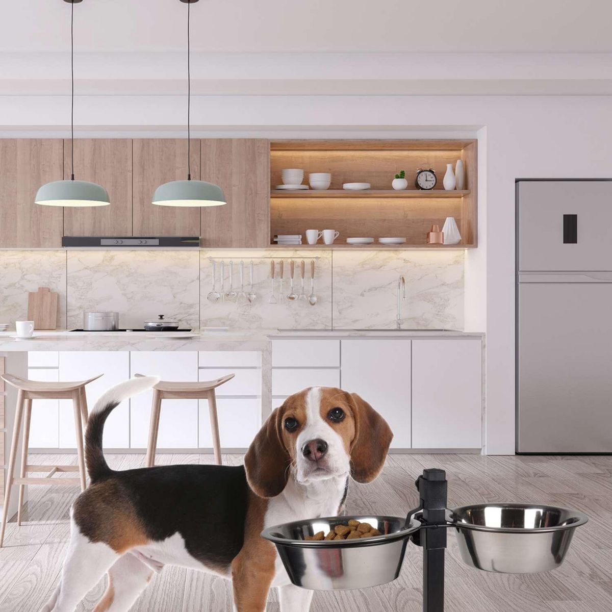 LOVE STORY Bar à chien porte-gamelles avec 2 bols inox