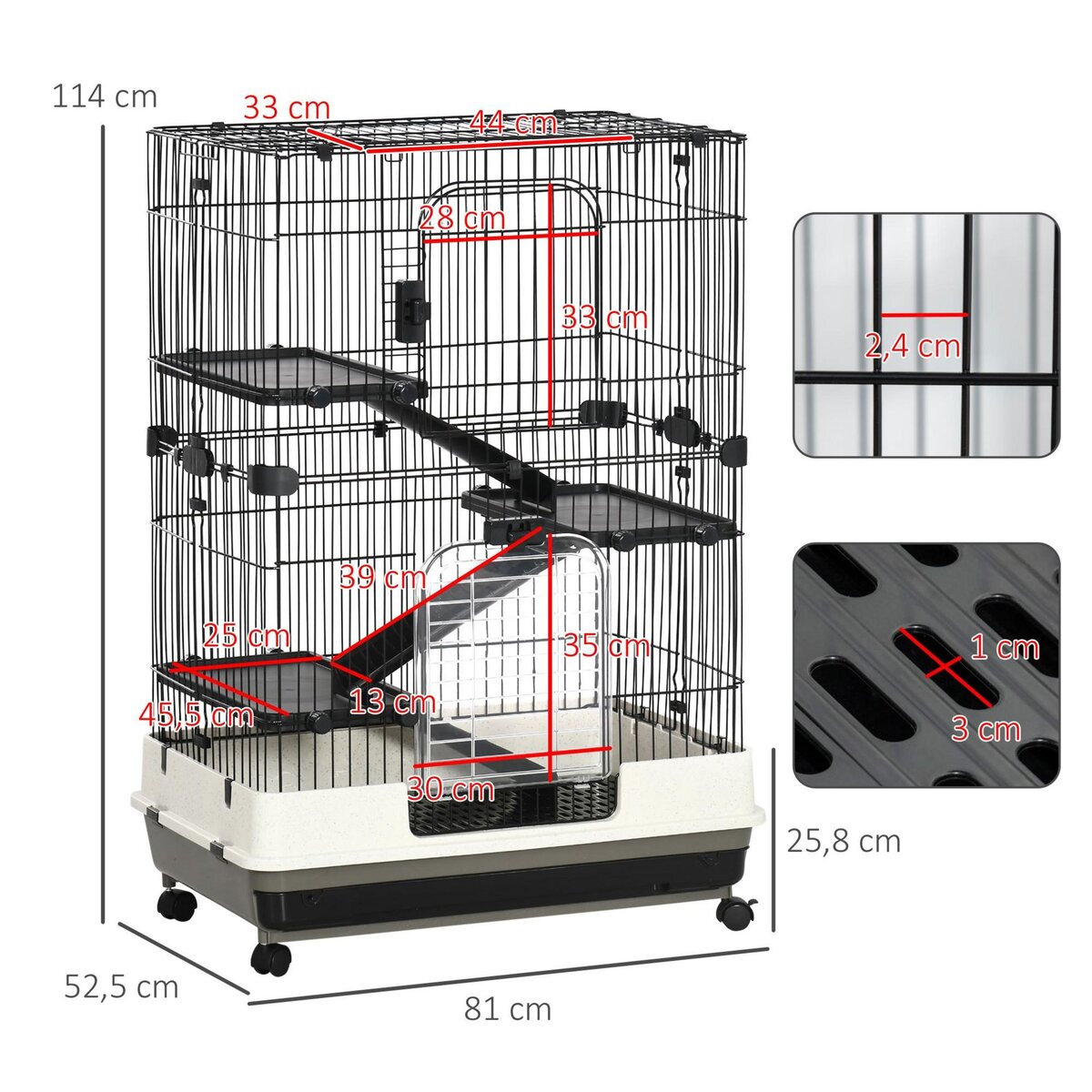 PAWHUT Cage pour cochons d'Inde chinchilla rongeur sur roulettes - 3 étages, 2 portes, trappe, plateau déjection - noir gris