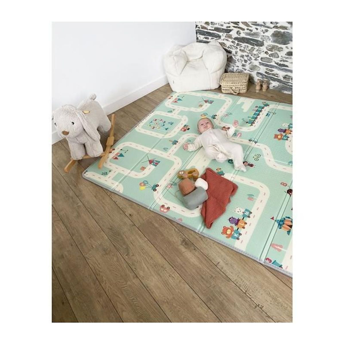TINEO Maxi tapis d'éveil réversible - TINEO - 150 x 180 cm - Facade animaux / Circuit de voitures