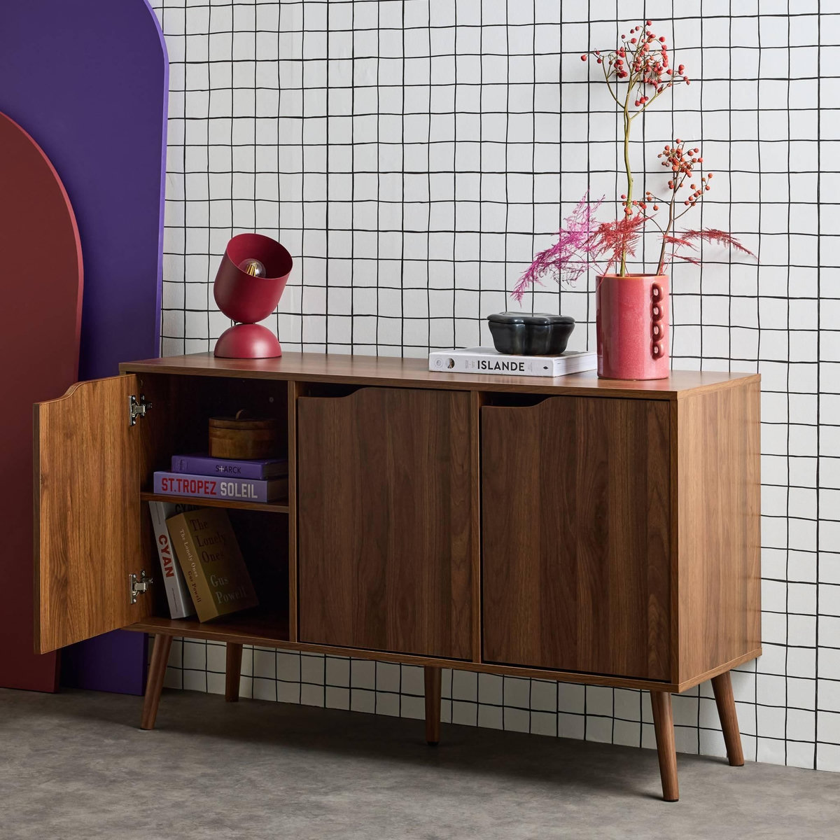 SWEEEK Buffet de rangement effet bois de noyer 3 portes et 3 étagères.  buffet bas. 120cm