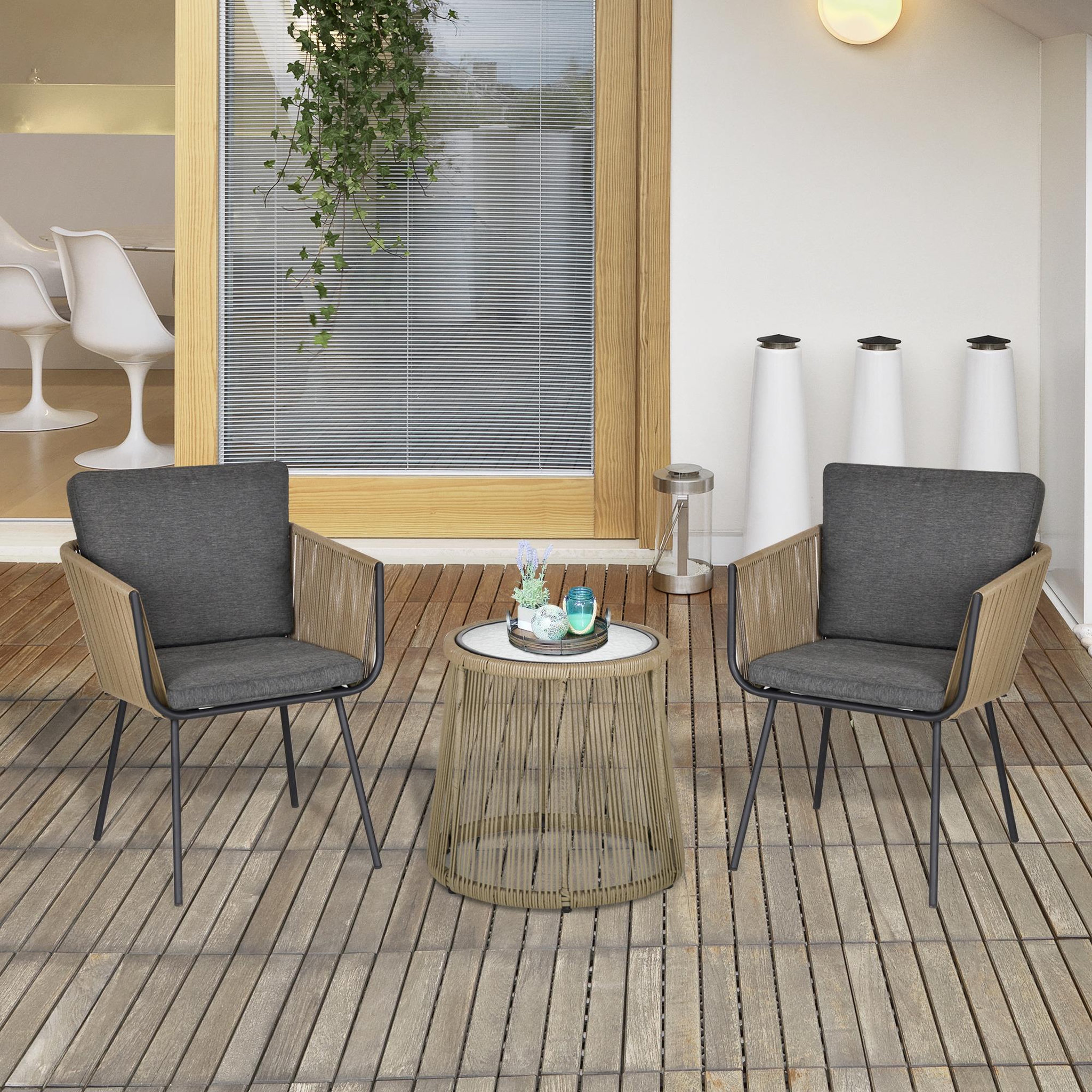 Voir la diapositive 2 : OUTSUNNY Ensemble salon de jardin 3 pièces style colonial 2 fauteuils avec coussins gris + table basse résine filaire beige