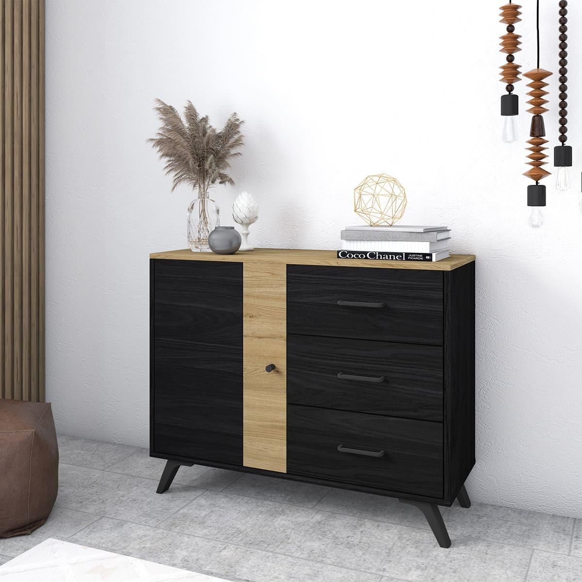 HOMIFAB Buffet 1 porte 3 tiroirs effet bois noir et bois naturel 92 cm - Zack