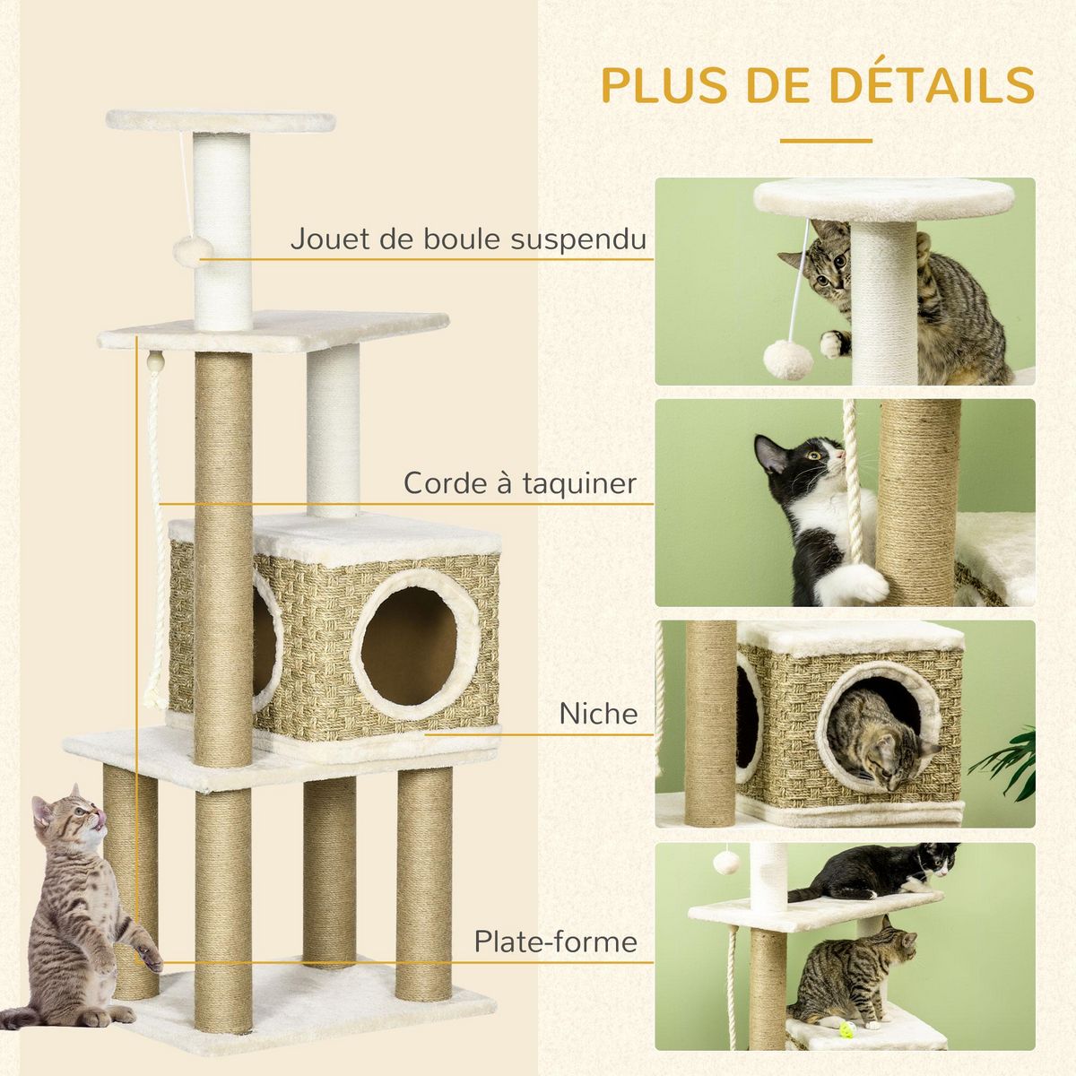 PAWHUT Arbre à chat style cosy chic griffoirs sisal naturel niche plateformes corde jeu boule peluche courte cordes d'algues tressées