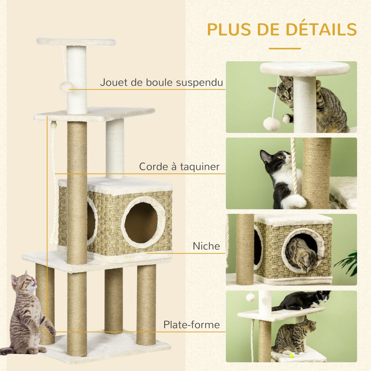 PAWHUT Arbre à chat style cosy chic griffoirs sisal naturel niche plateformes corde jeu boule peluche courte cordes d'algues tressées