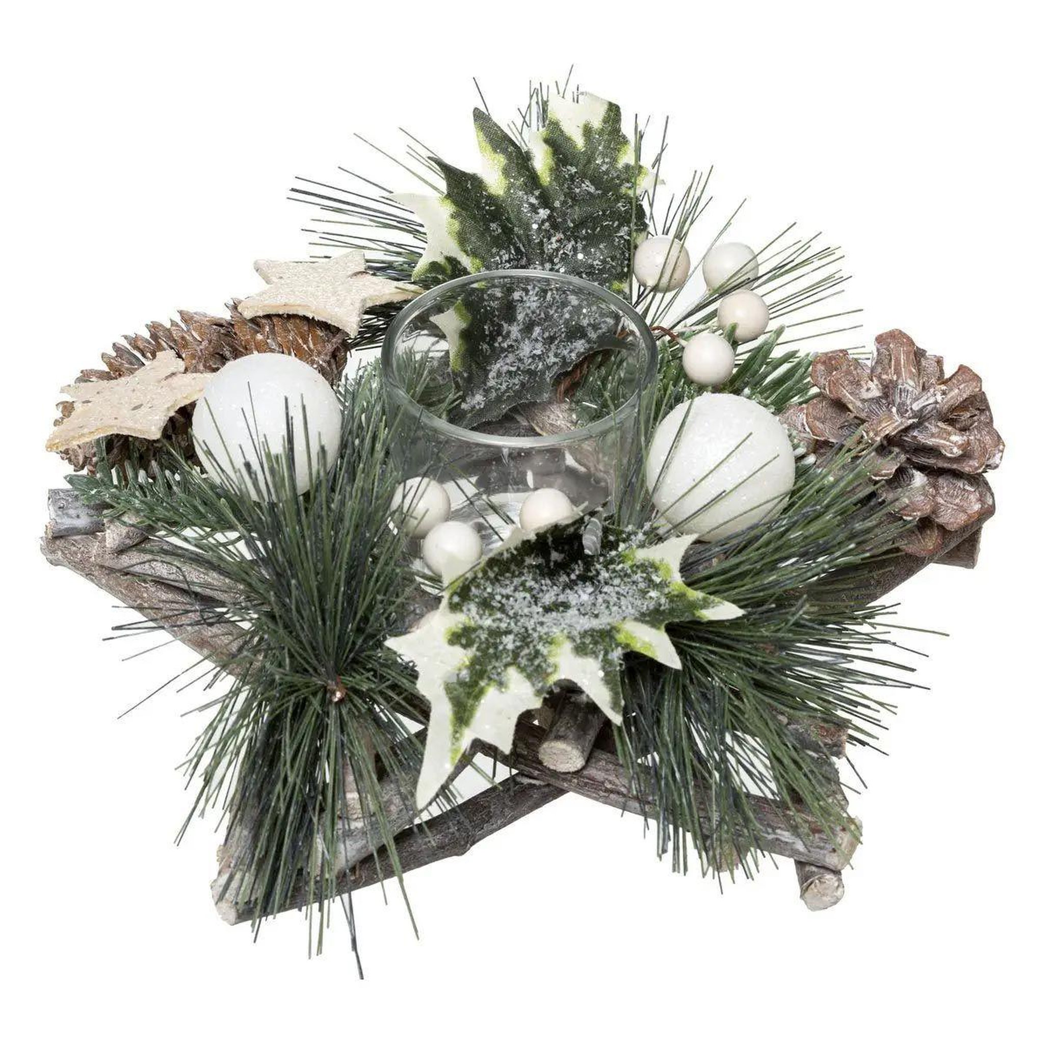 Voir la diapositive 1 : ATMOSPHERA Photophore rondins étoiles  marron glacé  20cm vert