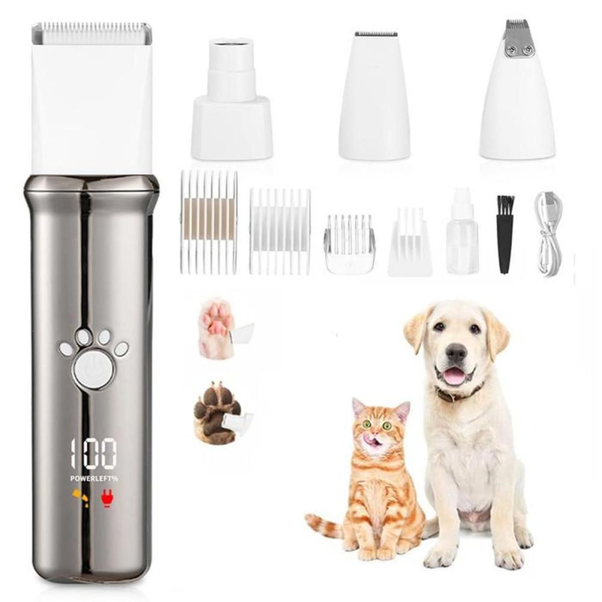 Tondeuse électrique 4-en-1 poils chiens et chats, lames en céramique, IPX4, recharge USB-C 1000 mAh, peignes de guidage