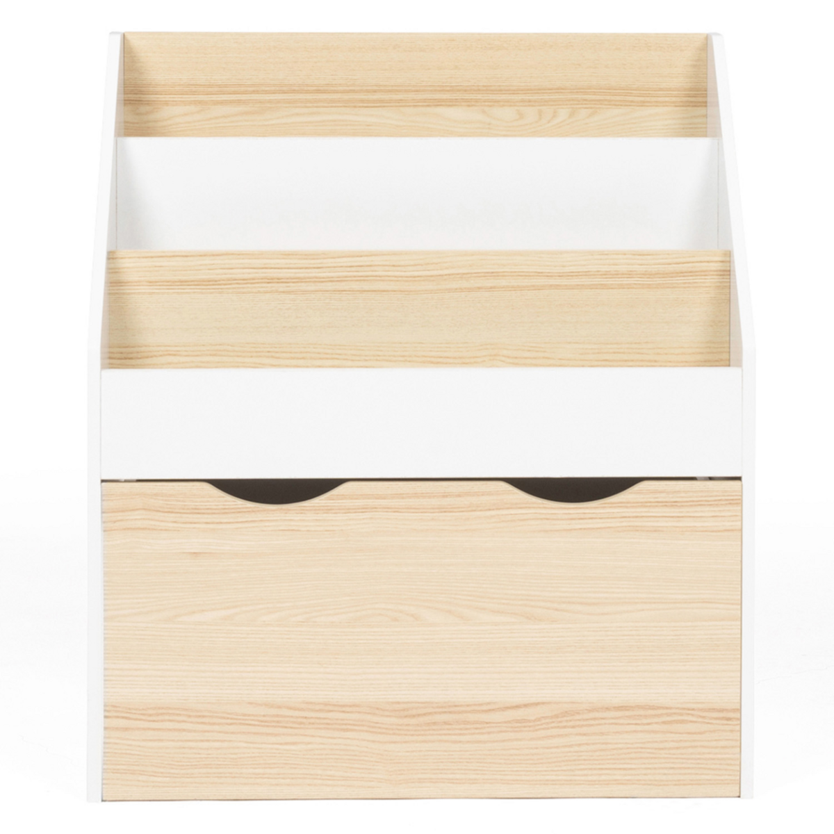 ID MARKET Meuble de rangement bibliothèque enfant MANA 3 étagères et 1 bac sur roulettes blanc et hêtre