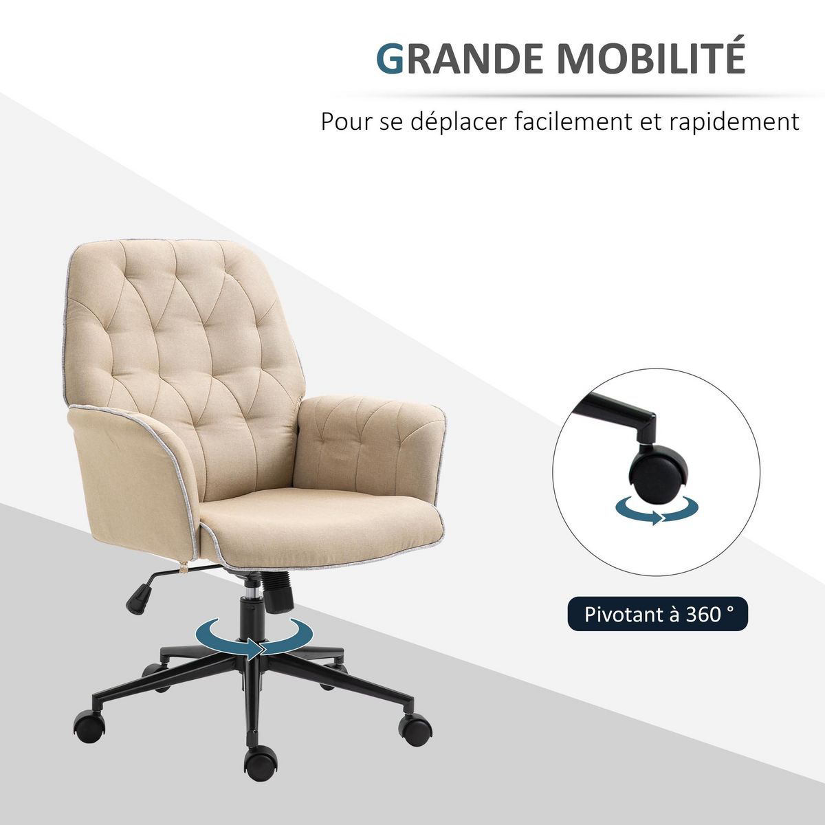 HOMCOM Fauteuil de bureau chaise de bureau hauteur réglable roulettes pivotant 360° tissu chanvre 69L x 66l x 89,5-97H cm beige
