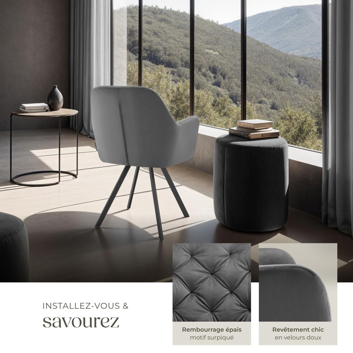 tectake Fauteuil pivotant en velours avec accoudoirs rembourré avec motif matelassé gris anthracite Lot de 6