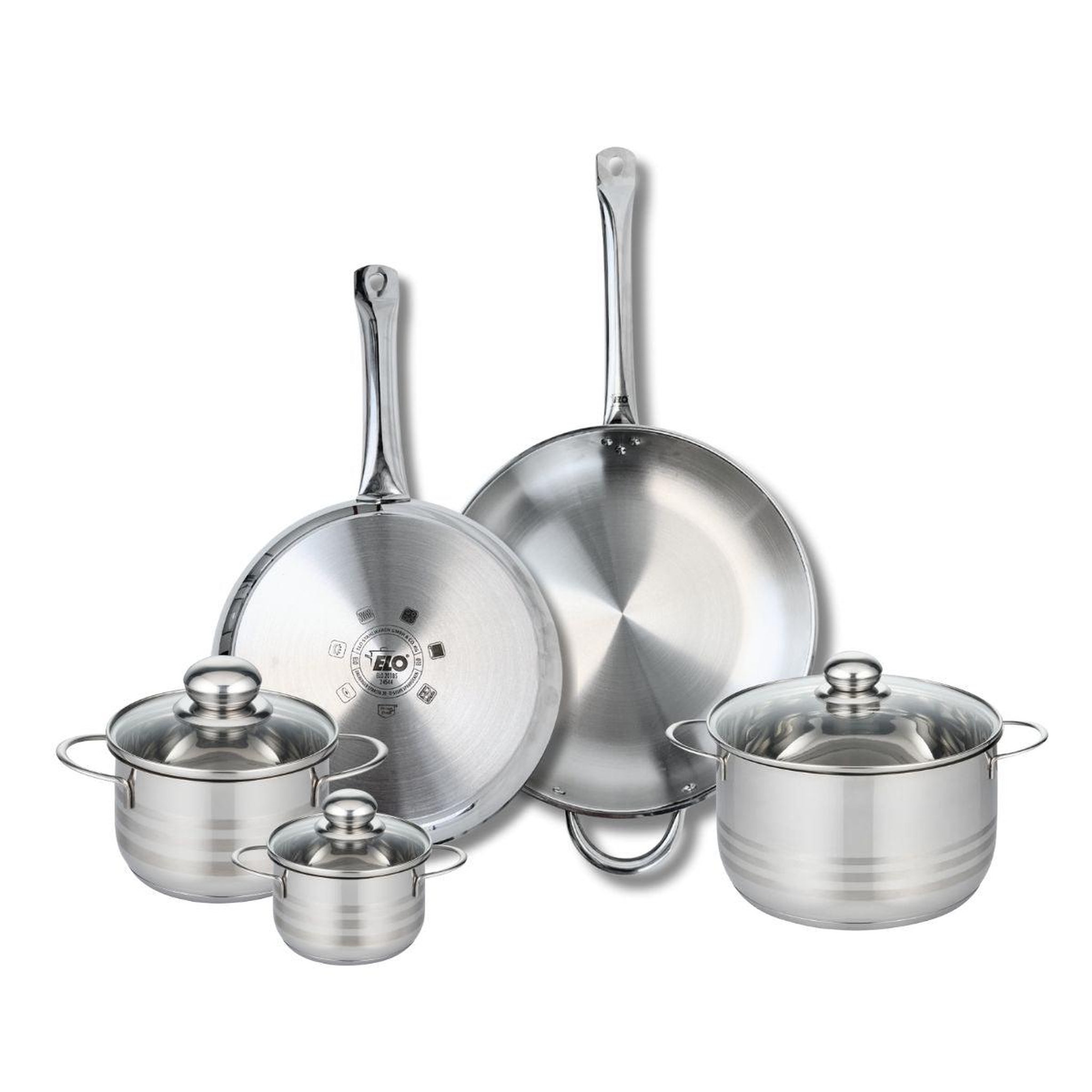 ELO Ensemble de 2 poêles de cuisson 28 et 32 cm et 3 faitouts 12, 16 et 20 cm elo profi brillant