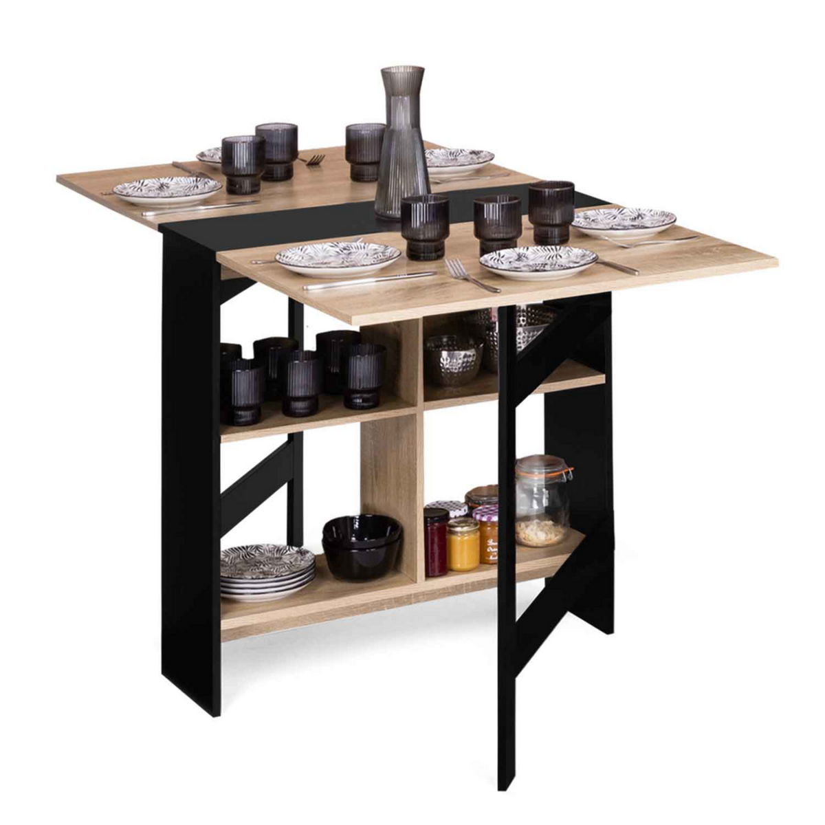 ID MARKET Table console pliable EDI 2-6 personnes avec rangements bois noir plateau façon hêtre 150 x 80 cm