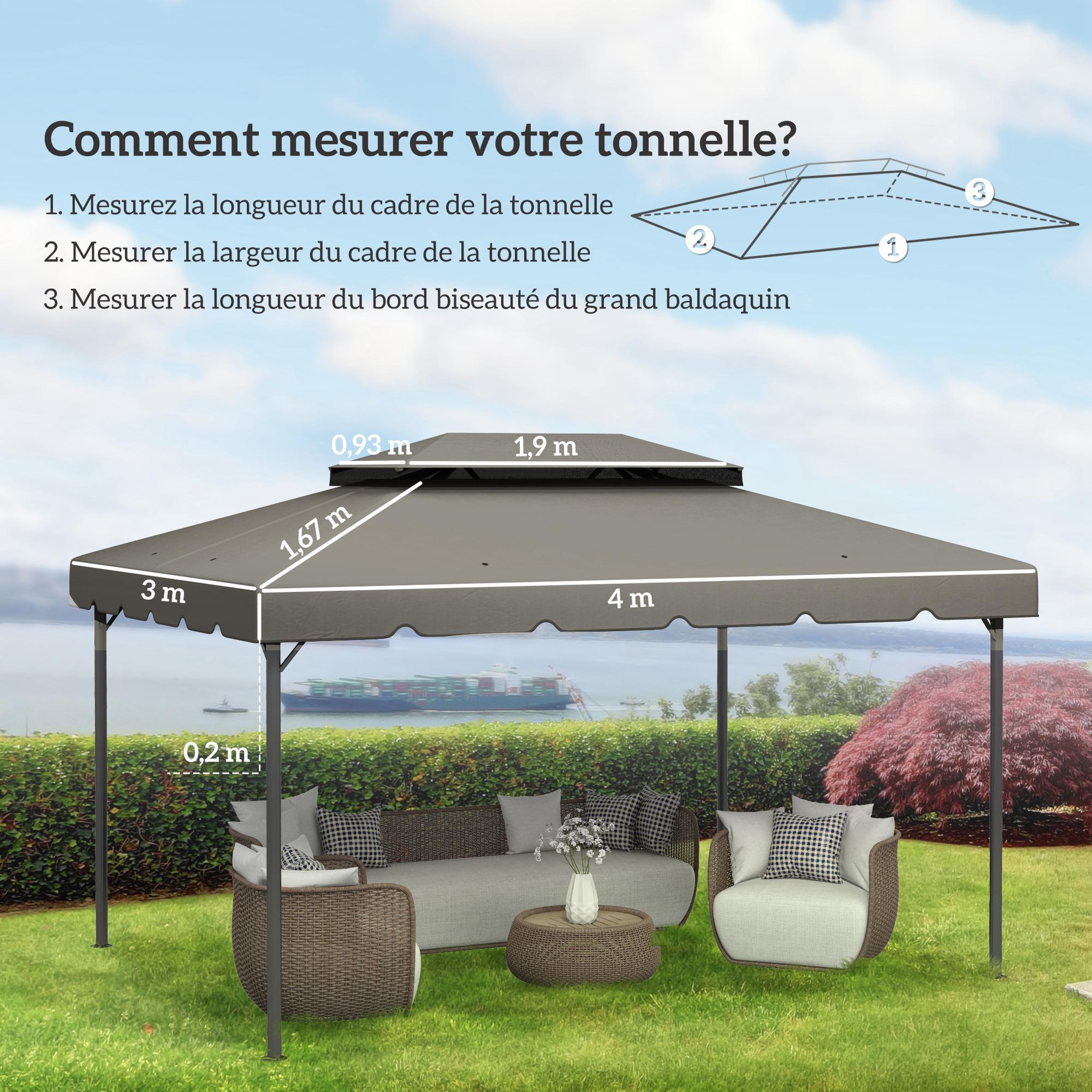 Voir la diapositive 3 : OUTSUNNY Toile de rechange pour pavillon tonnelle tente 3,90L x 2,90l m polyester haute densité 170 g/m² gris