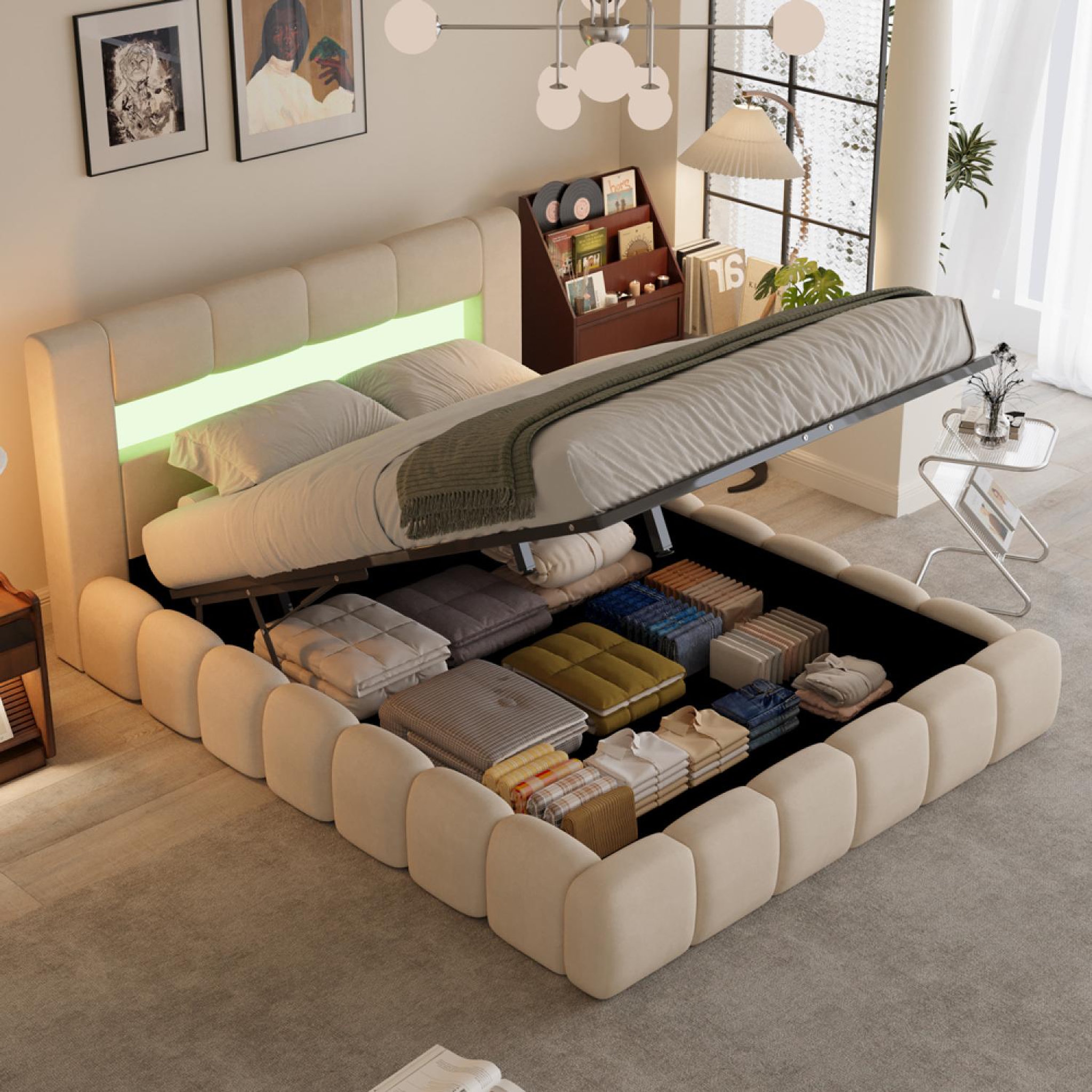 Voir la diapositive 2 : CONCEPT USINE Lit coffre led style nuage 180x200cm en velours beige avec tête de lit et sommier omaha
