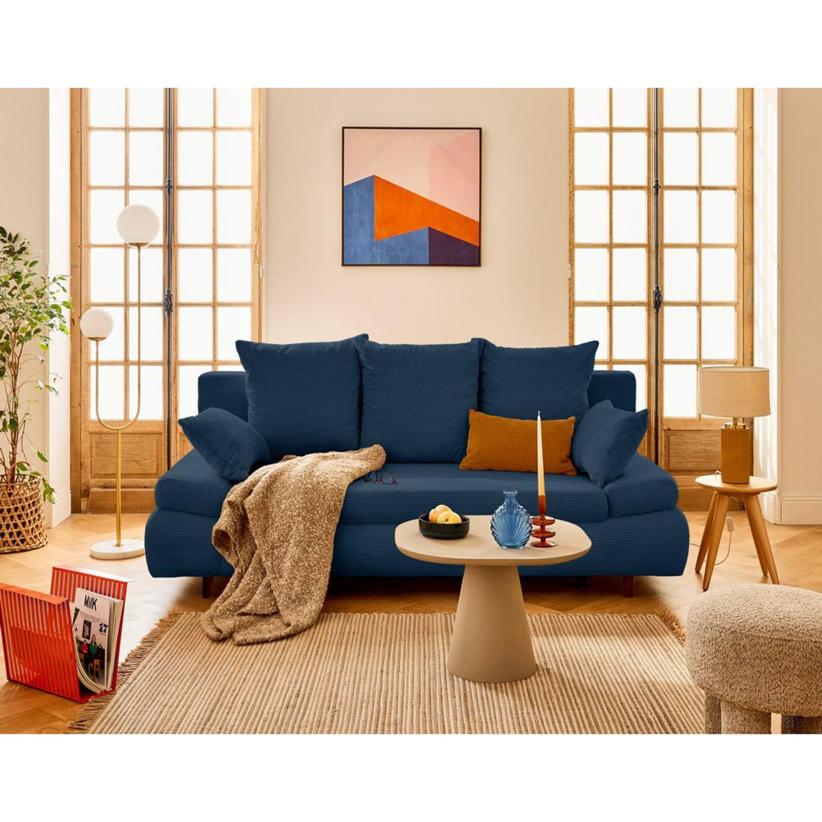 BEST MOBILIER Larson - canapé droit 3 places convertible avec coffre en velours côtelé