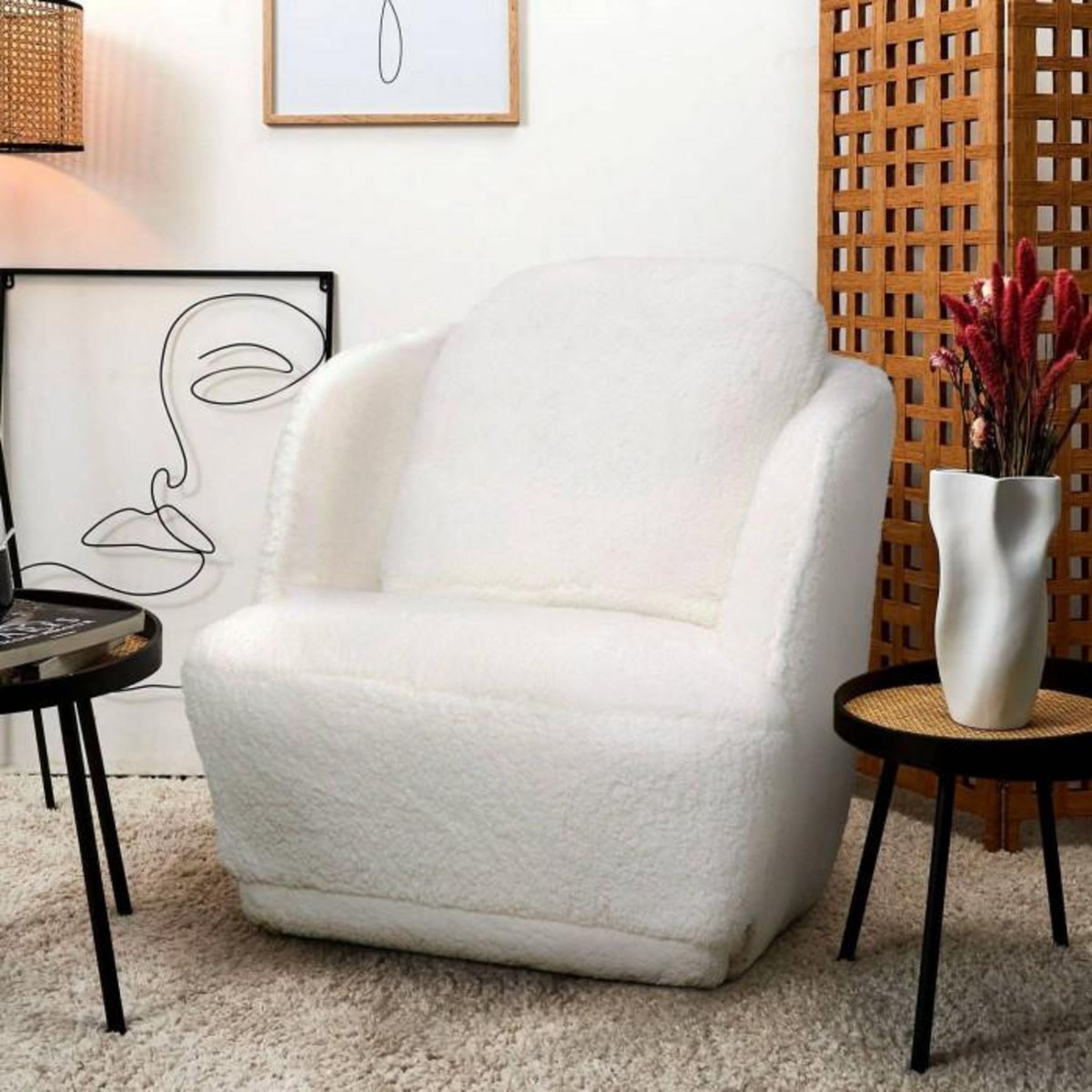 Paris Prix Fauteuil Tissu  Peau de Mouton  77cm Crème
