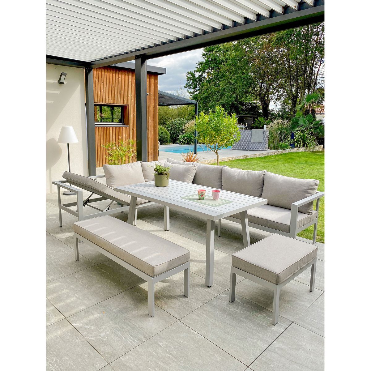 DCB GARDEN Salon de jardin 9 personnes en aluminium gris ANTALYA